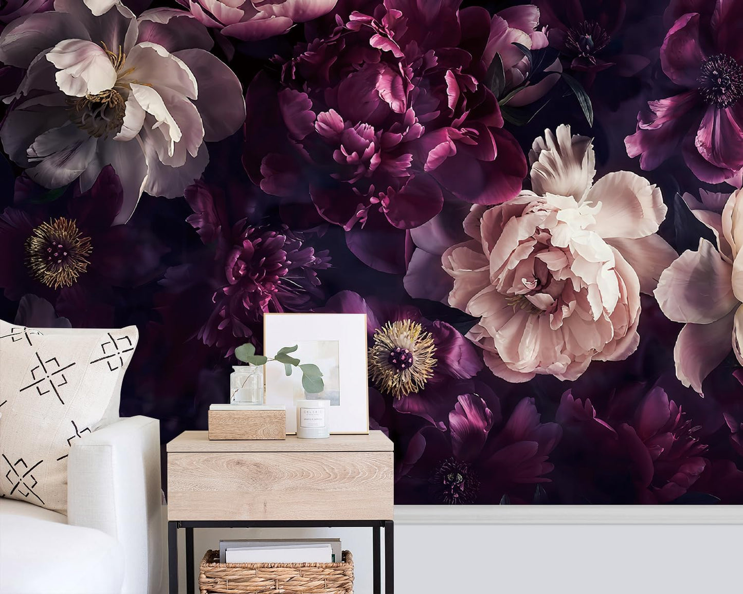 FWIEXA Black Peony Floral Wallpaper, Dark Purple Flower Wall Mural, Green Leaves Mural Wallpaper, Elegant Botanical Wallcovering for Living Room, Bedroom - 141"x96" (Not Peel n' Stick)
