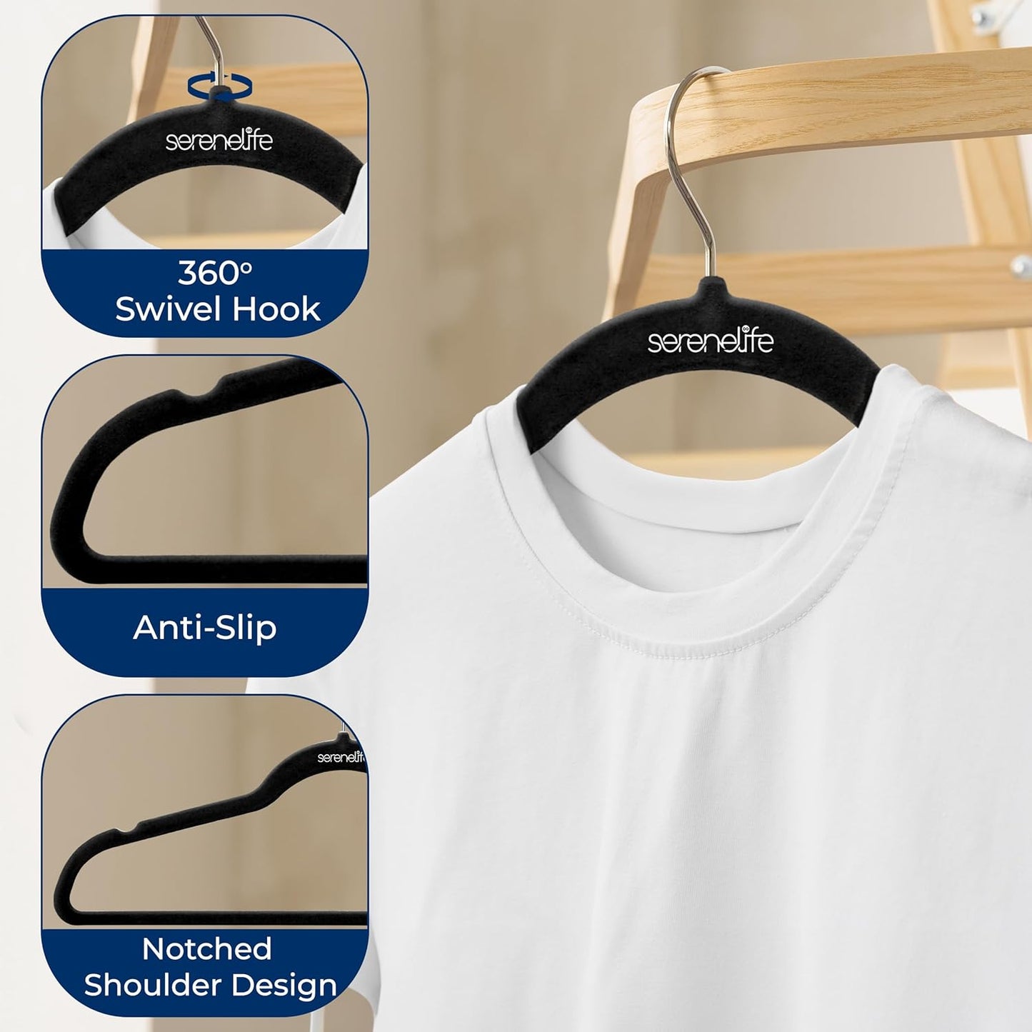 SereneLife Velvet Hangers 100 Pack Black – Slim Non-Slip Clothes Hangers with Chrome 360° Swivel Hook, Durable 10 lbs Capacity, Ultra-Thin Space Saving Hangers for Closet Organization