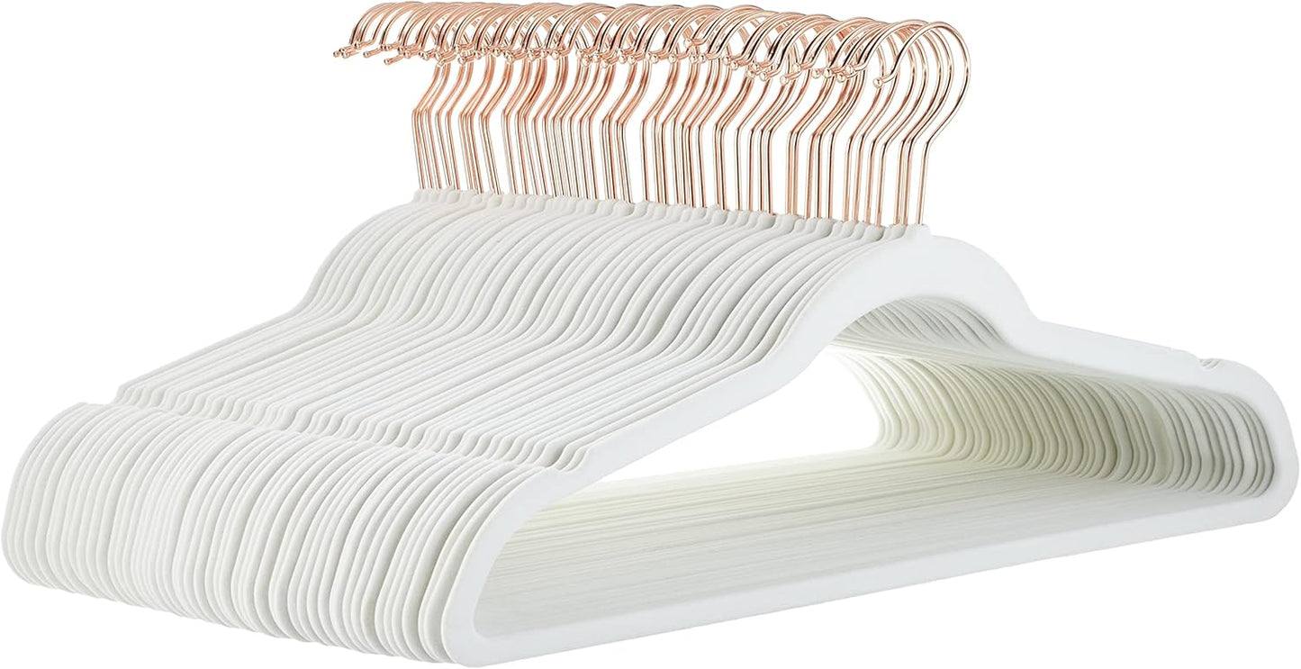 Amazon Basics Slim, Velvet, Non-Slip Suit Clothes Hangers, Ivory/Rose Gold - Pack of 100