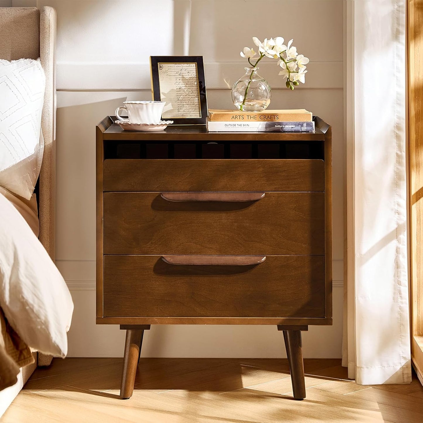 HULALA HOME Nightstand with Charging Station, Mid-Century Modern 2 Drawer and Open Shelf Bedside Tables, Wood Night Stand with USB Ports and Outlets for Bedroom Set of 2, Acorn