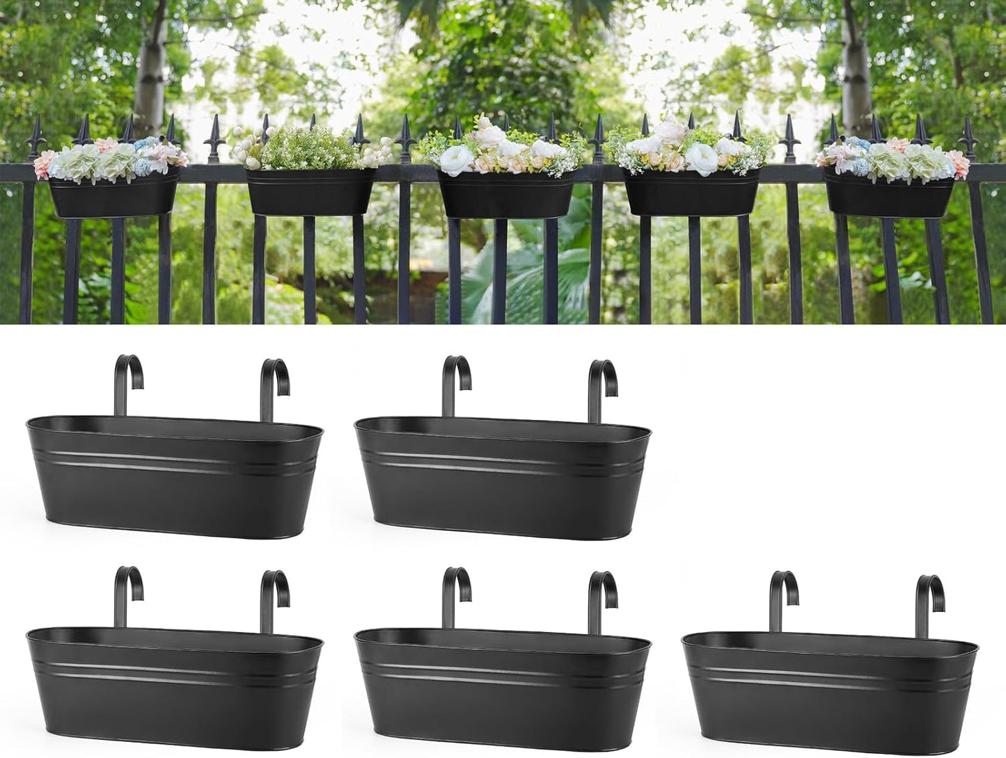 Dahey 3 Pcs Metal Hanging Flower Pots for Railing Fence Outdoor Planter 15.7 Inch Hanging Bucket Pots Countryside Window Flower Plant Holder with Detachable Hooks for Garden Yard Home Decor,Black