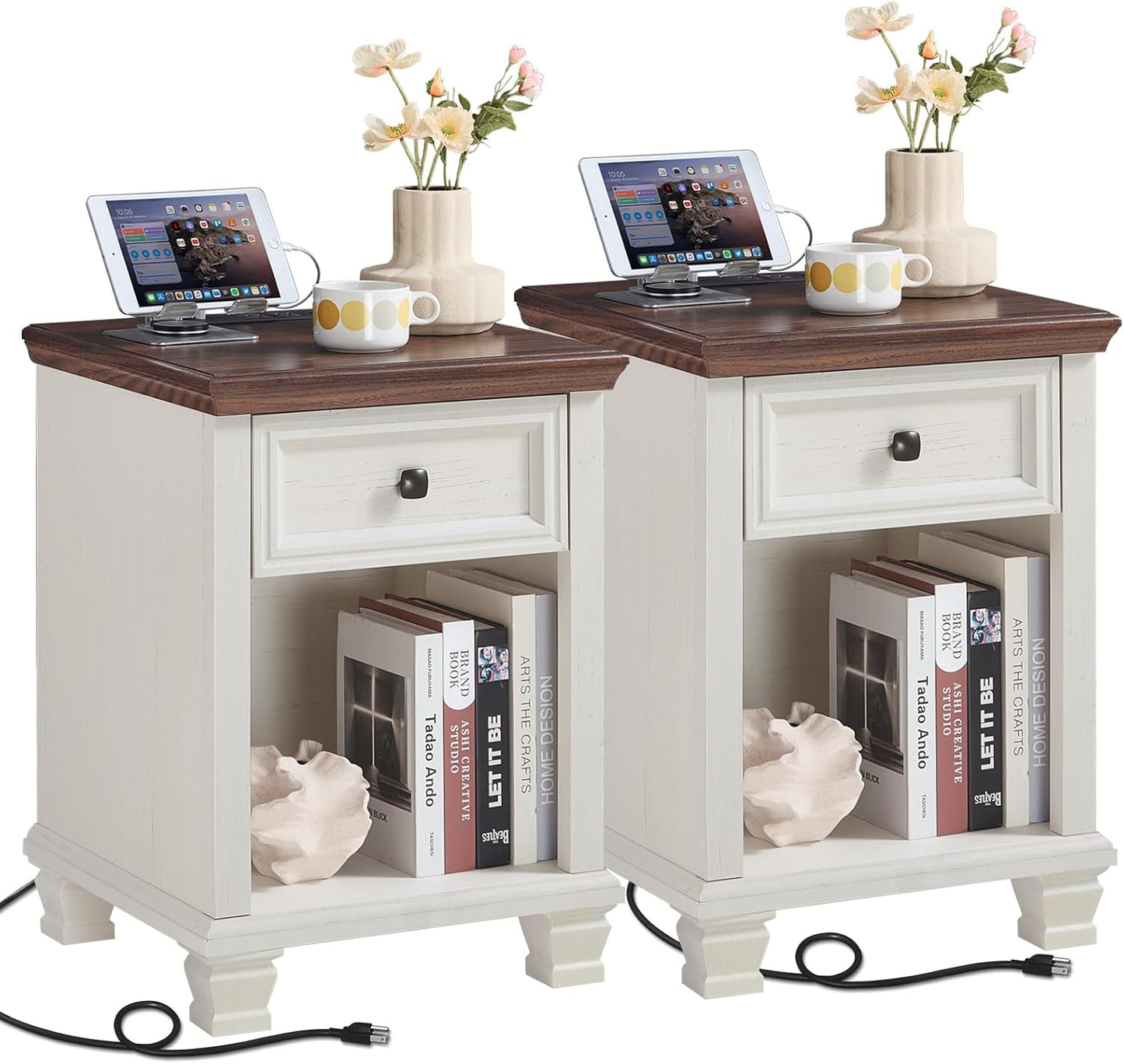 Farmhouse Nightstand Set of 2 with Charging Station, Rustic Black Nightstand,2 Drawers End Table for Living Room,Bedside Table with Open Shelf for Bed Room,Black