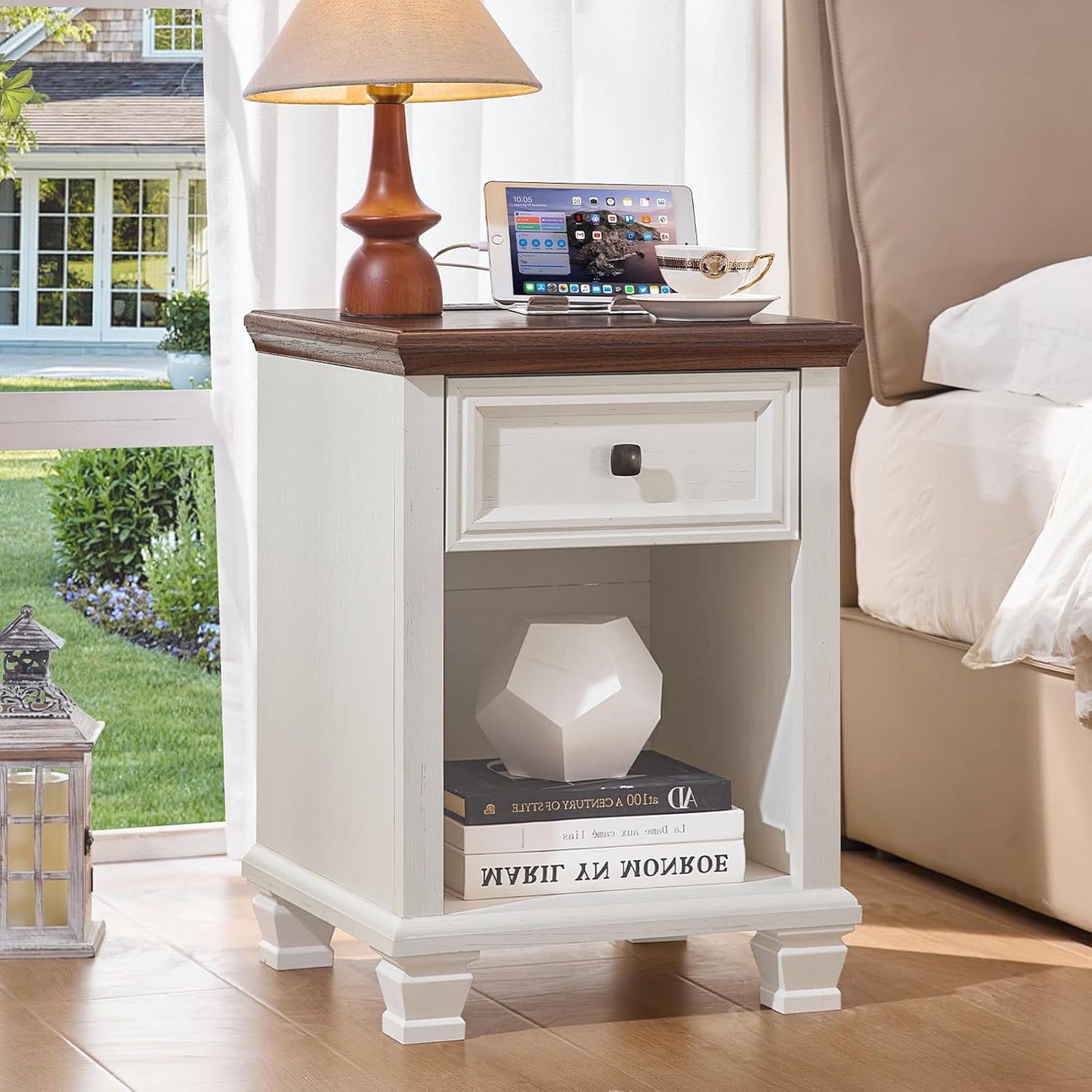 Farmhouse Nightstand Set of 2 with Charging Station, Rustic Black Nightstand,2 Drawers End Table for Living Room,Bedside Table with Open Shelf for Bed Room,Black
