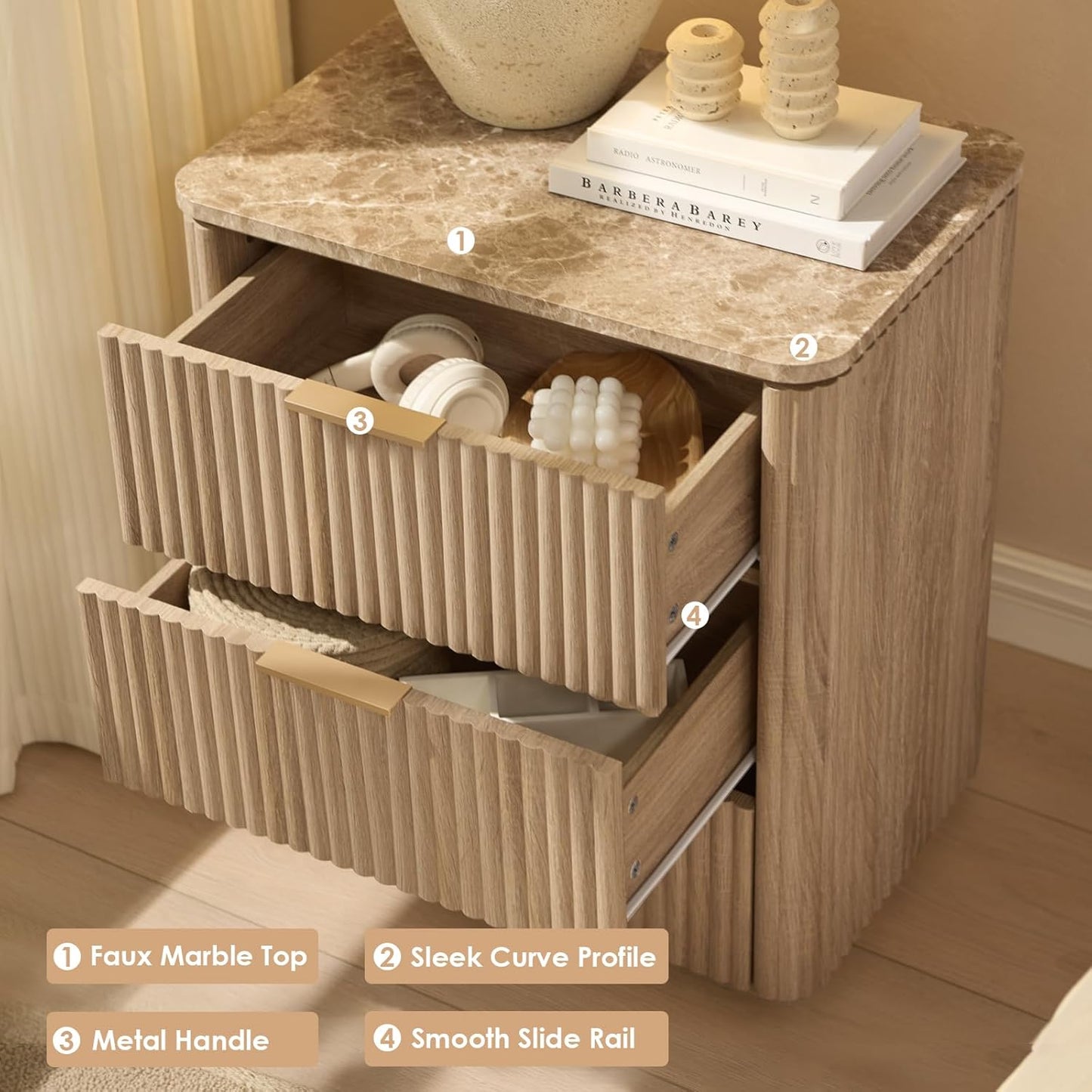 Fluted Nightstand Set of 2, Solid Wood Bedside Table with 3 Drawers, Modern End Table with Faux Marble-Top, Curved Corners, Metal Handle, Large Night Stand for Bedroom, Office, Closet, Natural Oak