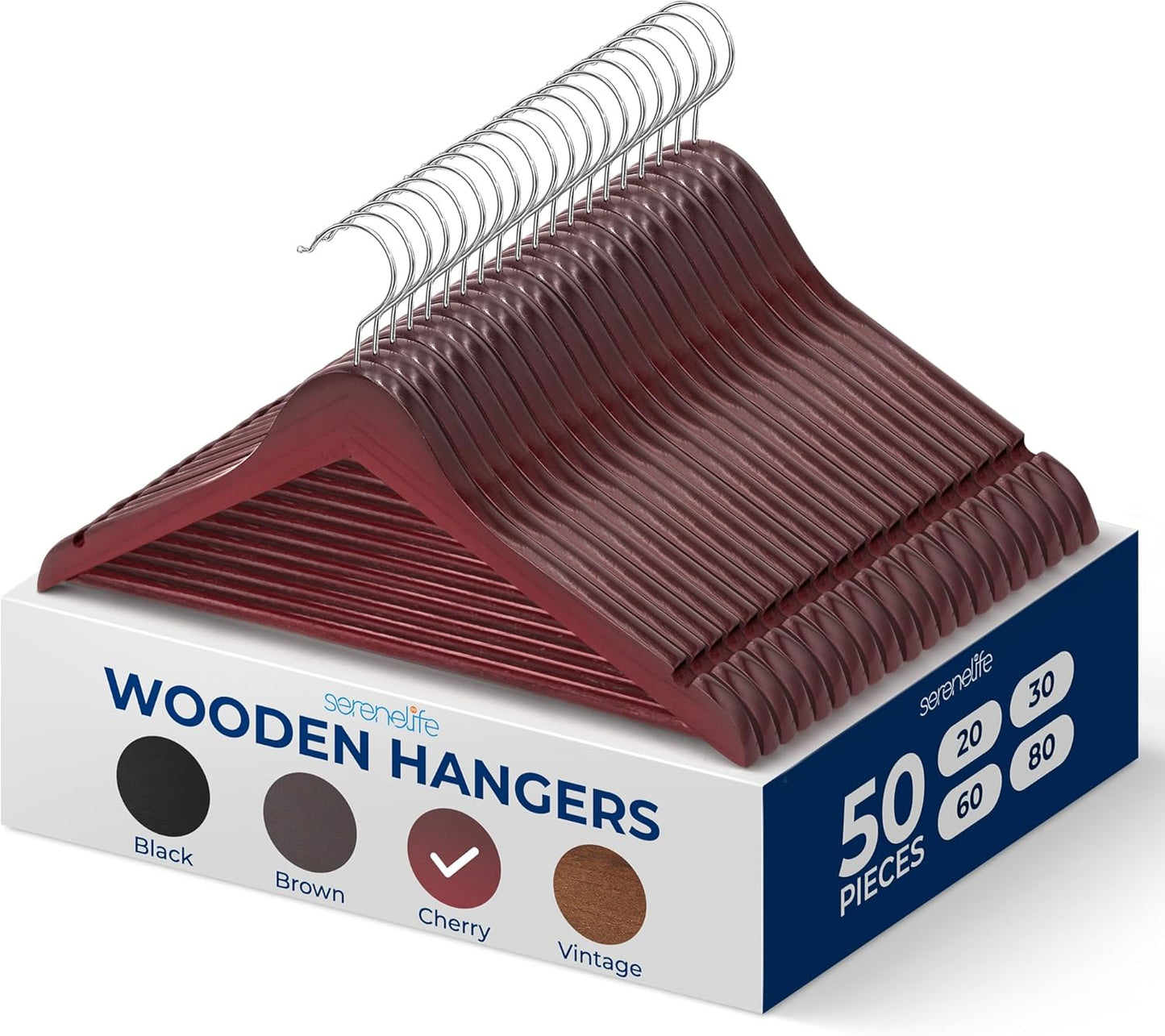 SereneLife 30 Pack Wooden Coat Hangers – Durable Suit Hangers with 360° Swivel Hook & Notches – Slim Design for Shirts, Jackets, Dresses, and More