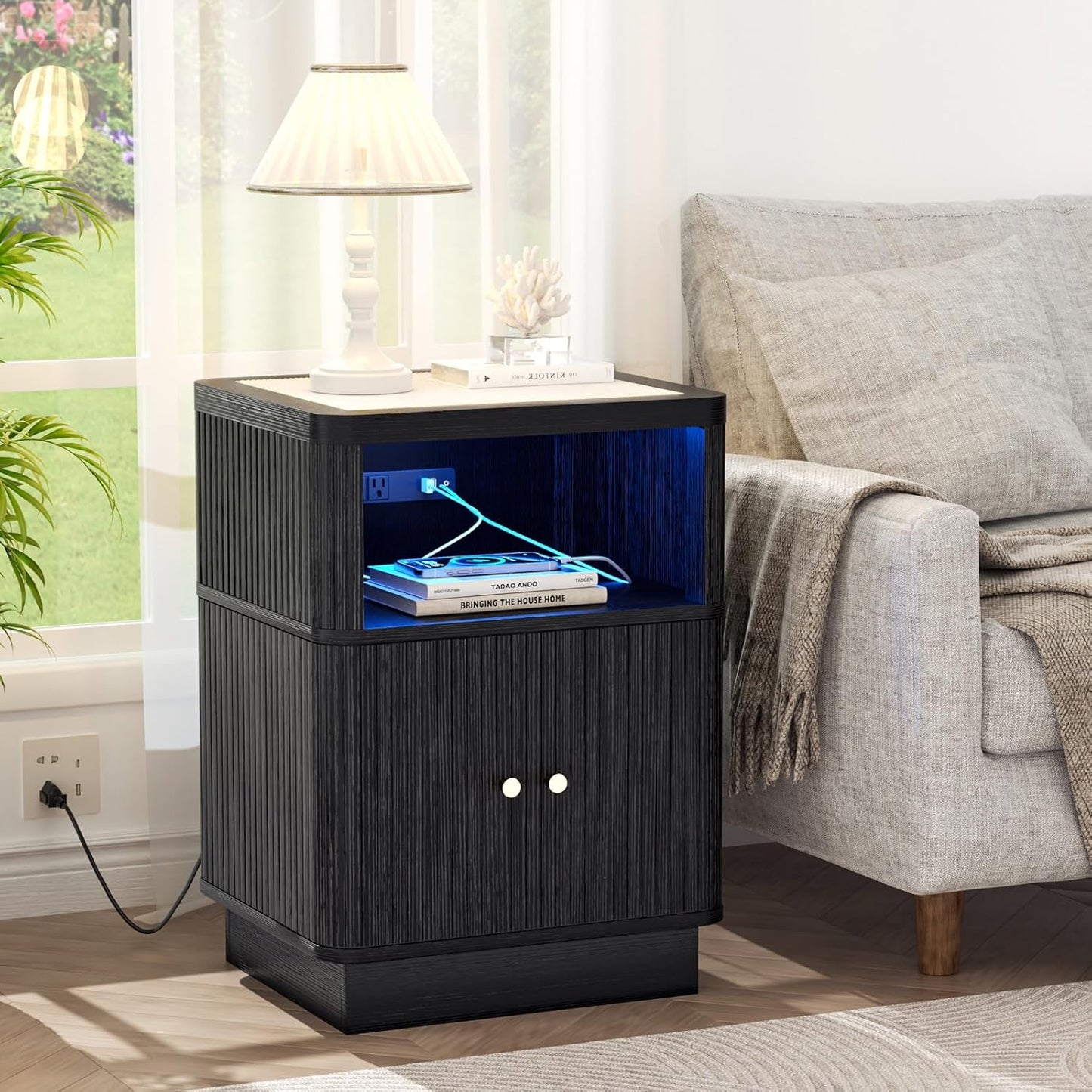 Night Stand with Charger Station, Modern Nightstand Set of 2 with Hidden Drawer, Saddle Leather Top, Smart LED, and Sliding Door Cabinet, for Bedroom, Living Room, Apartment, Dorm, Office, Black