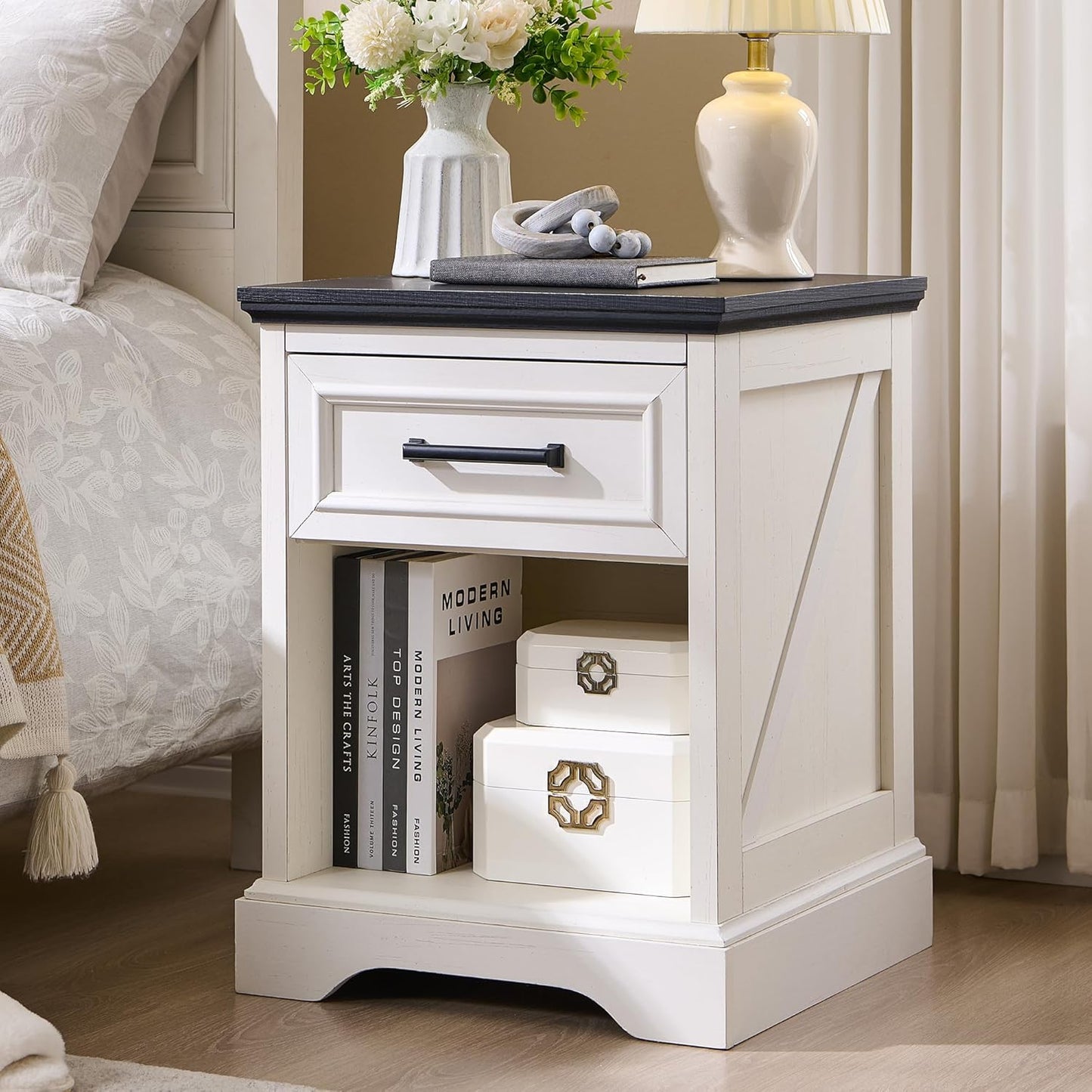 ACCOHOHO 18" Farmhouse Nightstand Set of 2 with Charging Station, Bedside Table with Drawer and Open Storage Shelf, Rustic End Table for Bedroom - Brown