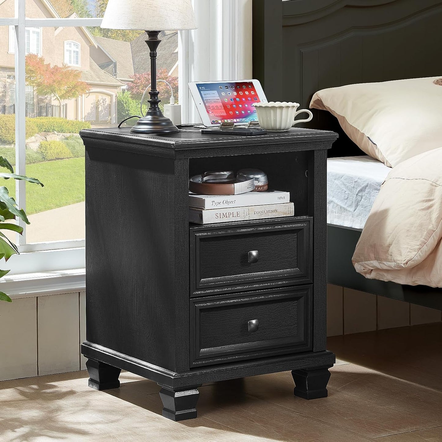 Farmhouse Nightstand Set of 2 with Charging Station, Rustic Black Nightstand,2 Drawers End Table for Living Room,Bedside Table with Open Shelf for Bed Room,Black