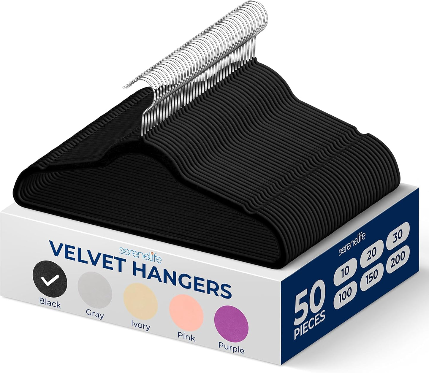 SereneLife Velvet Hangers 100 Pack Black – Slim Non-Slip Clothes Hangers with Chrome 360° Swivel Hook, Durable 10 lbs Capacity, Ultra-Thin Space Saving Hangers for Closet Organization