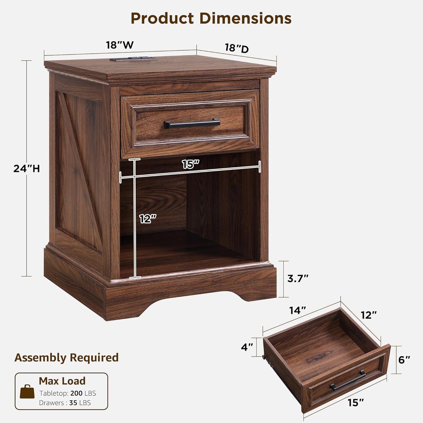 ACCOHOHO 18" Farmhouse Nightstand Set of 2 with Charging Station, Bedside Table with Drawer and Open Storage Shelf, Rustic End Table for Bedroom - Brown