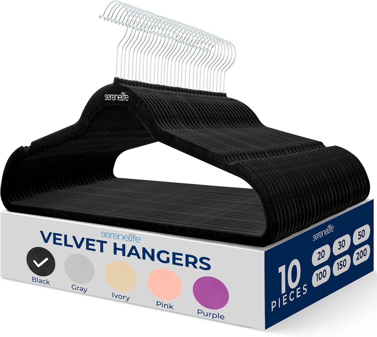 SereneLife Velvet Hangers 100 Pack Black – Slim Non-Slip Clothes Hangers with Chrome 360° Swivel Hook, Durable 10 lbs Capacity, Ultra-Thin Space Saving Hangers for Closet Organization