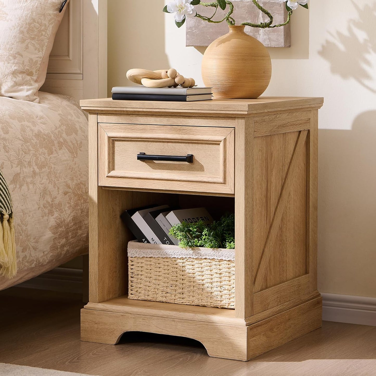ACCOHOHO 18" Farmhouse Nightstand Set of 2 with Charging Station, Bedside Table with Drawer and Open Storage Shelf, Rustic End Table for Bedroom - Brown