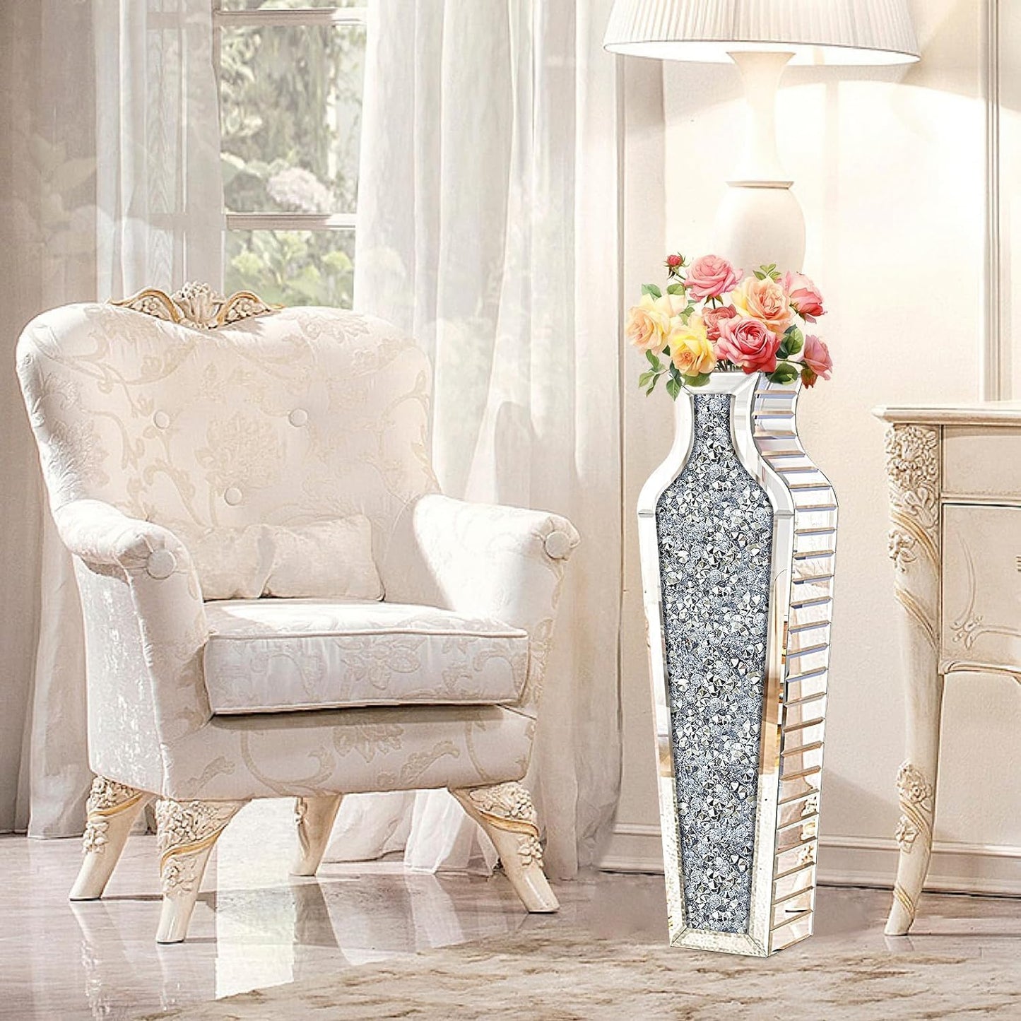 27" Tall Crushed Diamond Floor Vase, Silver Large Vases for Decor Living Room, Crystal Mirrored Home Decor Vases for Dried Flower
