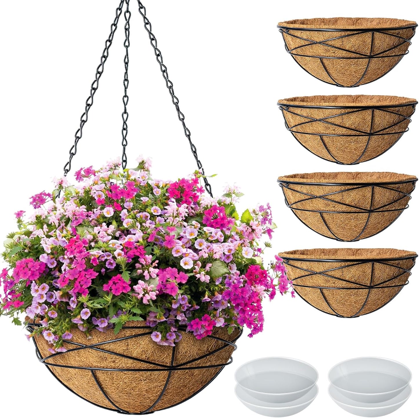 Hanging Planters for Outdoor Plants: 4 Pack 16" Hanging Baskets Flower Pots with Coco Liners & Plastic Saucer Extra Large Deep Hanging Plant Holder for Porch Balcony Garden Décor