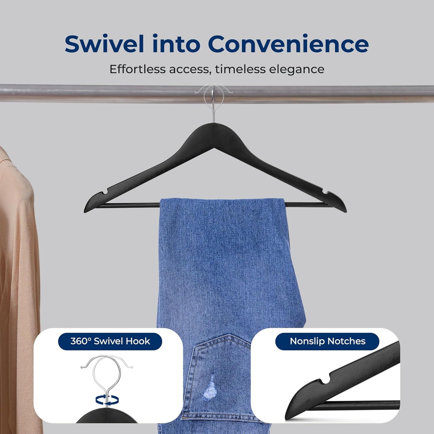 SereneLife 30 Pack Wooden Coat Hangers – Durable Suit Hangers with 360° Swivel Hook & Notches – Slim Design for Shirts, Jackets, Dresses, and More