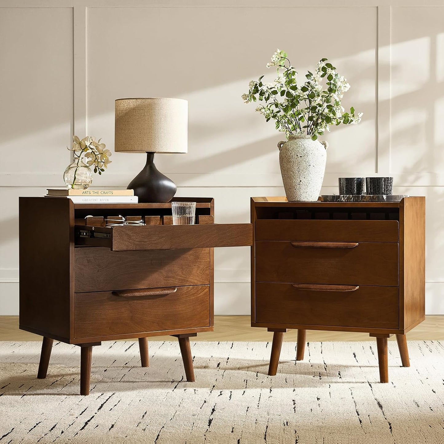 HULALA HOME Nightstand with Charging Station, Mid-Century Modern 2 Drawer and Open Shelf Bedside Tables, Wood Night Stand with USB Ports and Outlets for Bedroom Set of 2, Acorn