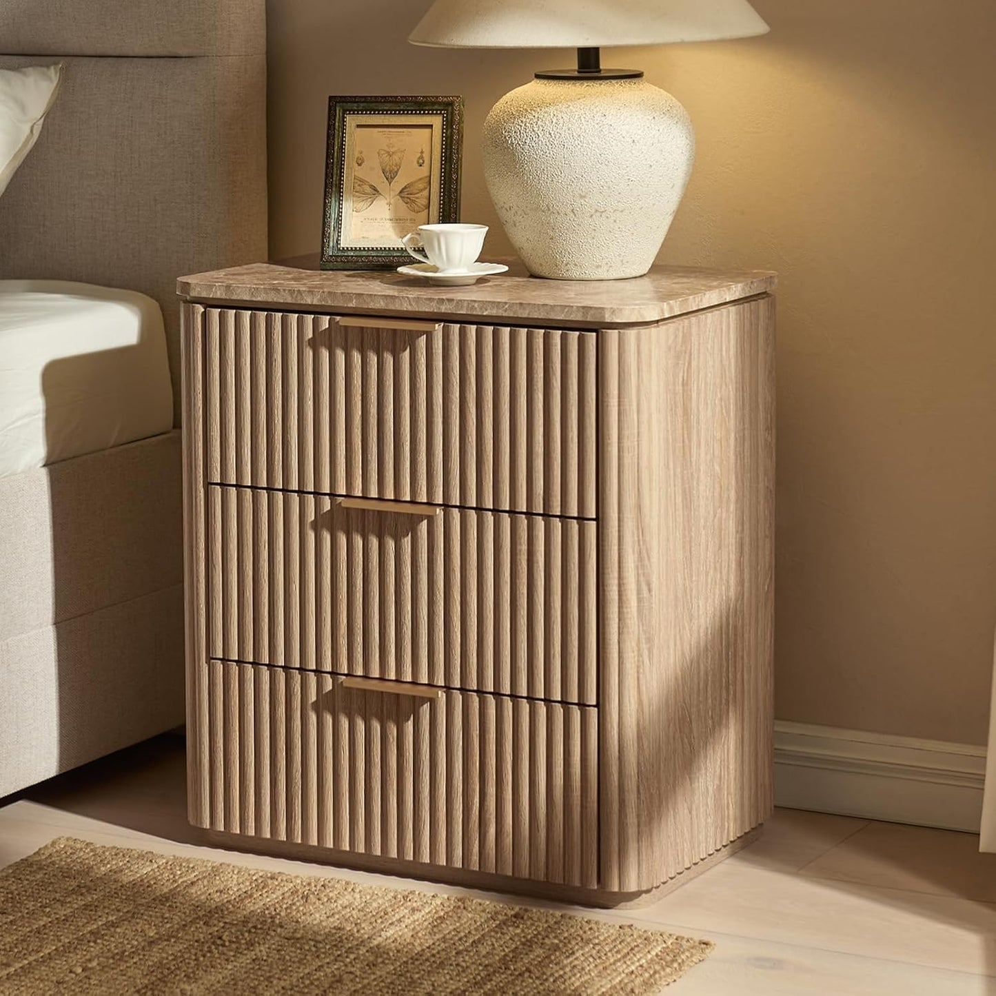 Fluted Nightstand Set of 2, Solid Wood Bedside Table with 3 Drawers, Modern End Table with Faux Marble-Top, Curved Corners, Metal Handle, Large Night Stand for Bedroom, Office, Closet, Natural Oak