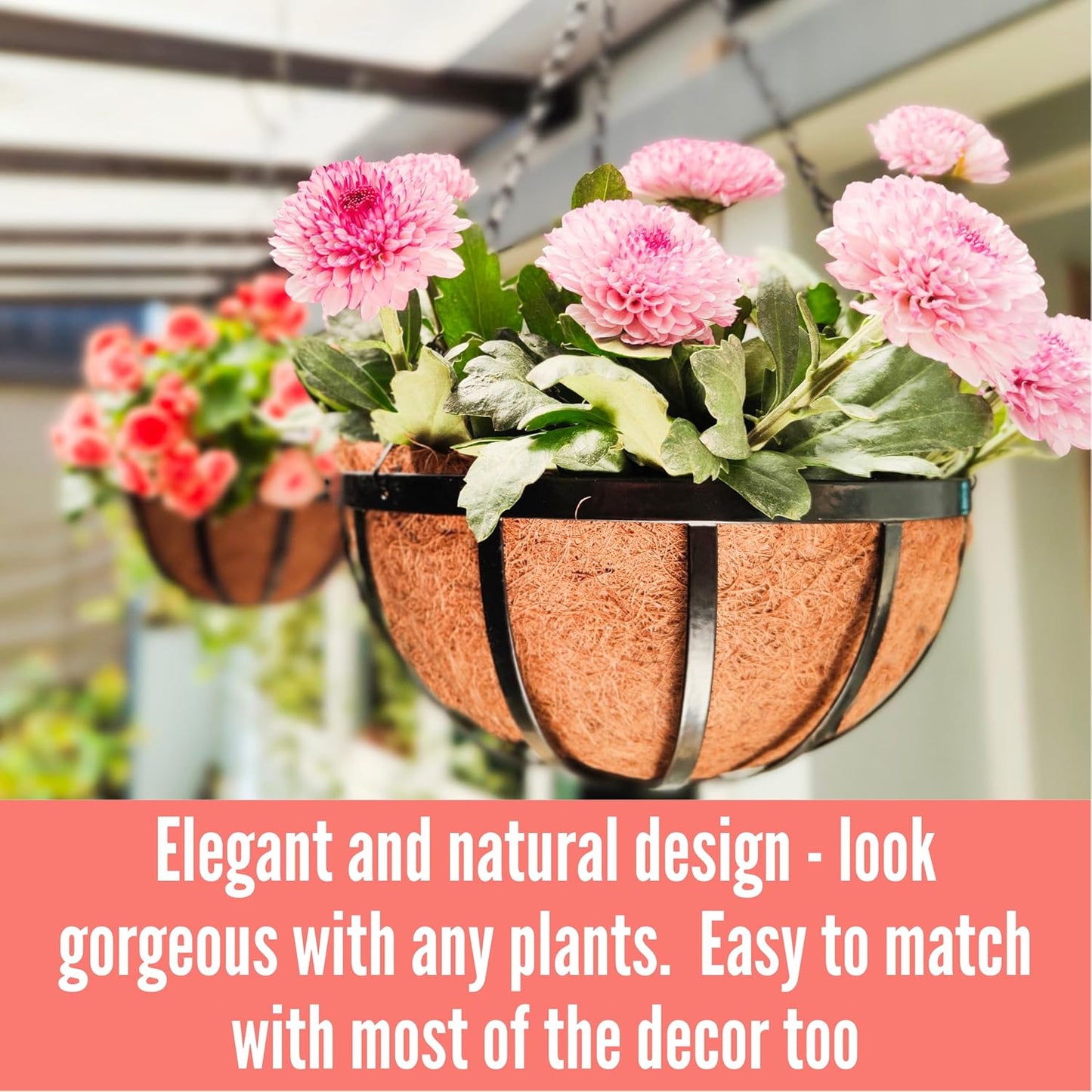 LaLaGreen Outdoor Hanging Baskets for Plants (2 Pack, 18 Inch) Extra Large Black Metal Flat Iron Hanging Planters with Coco Liner Round Flower Pot Holder Hanger Deck Porch Modern Garden Balcony Decor