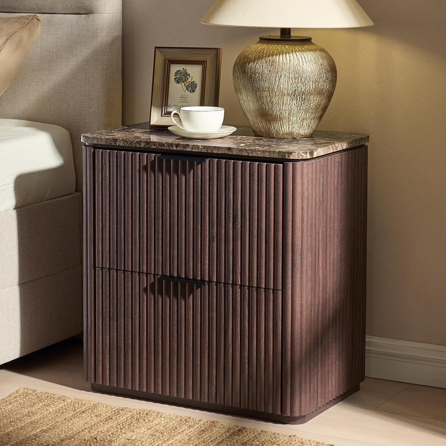 Fluted Nightstand Set of 2, Solid Wood Bedside Table with 3 Drawers, Modern End Table with Faux Marble-Top, Curved Corners, Metal Handle, Large Night Stand for Bedroom, Office, Closet, Natural Oak