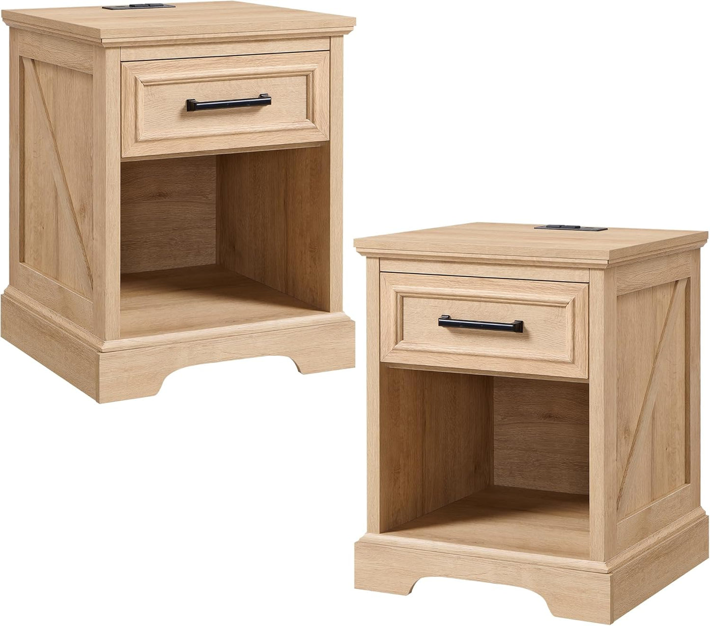 ACCOHOHO 18" Farmhouse Nightstand Set of 2 with Charging Station, Bedside Table with Drawer and Open Storage Shelf, Rustic End Table for Bedroom - Brown