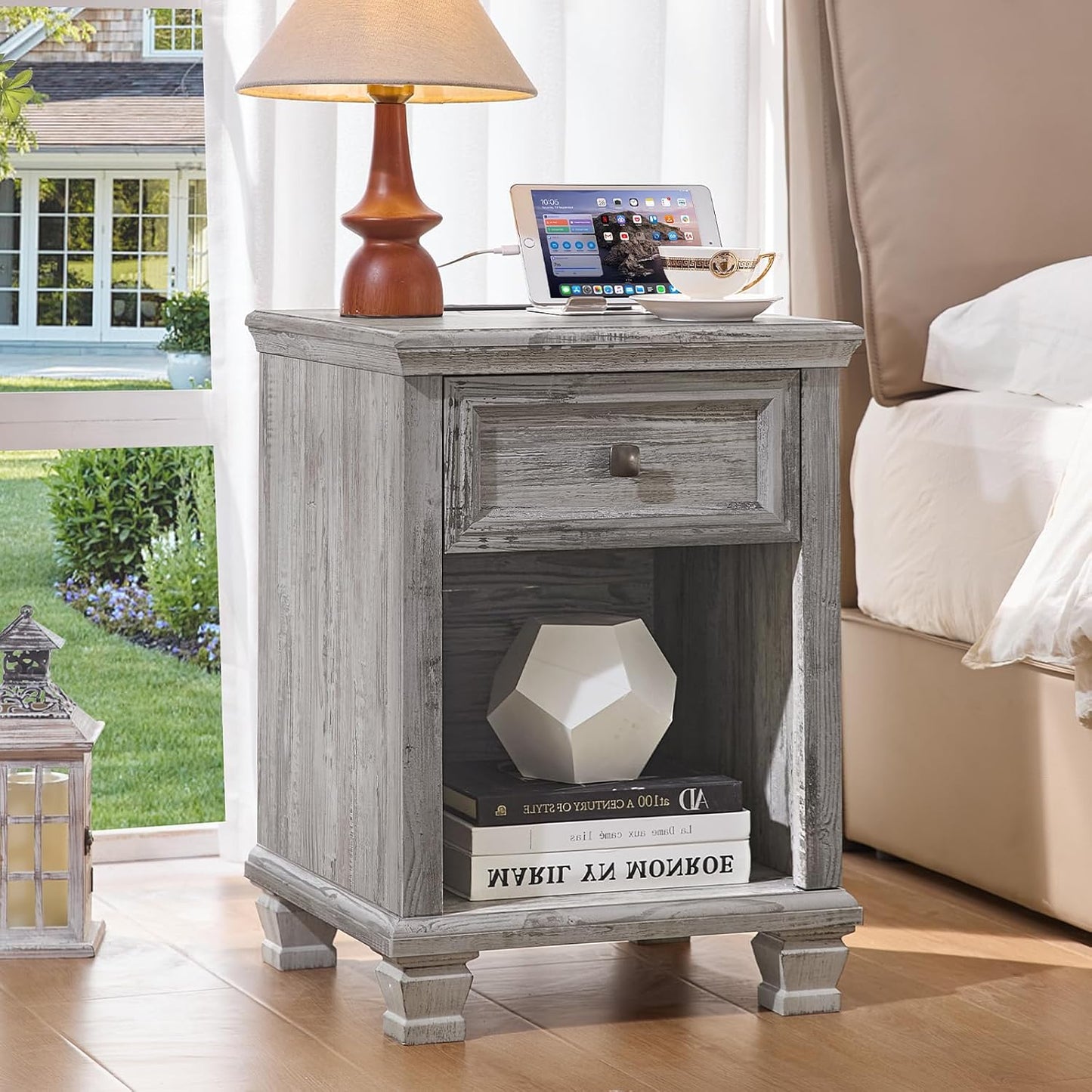 Farmhouse Nightstand Set of 2 with Charging Station, Rustic Black Nightstand,2 Drawers End Table for Living Room,Bedside Table with Open Shelf for Bed Room,Black