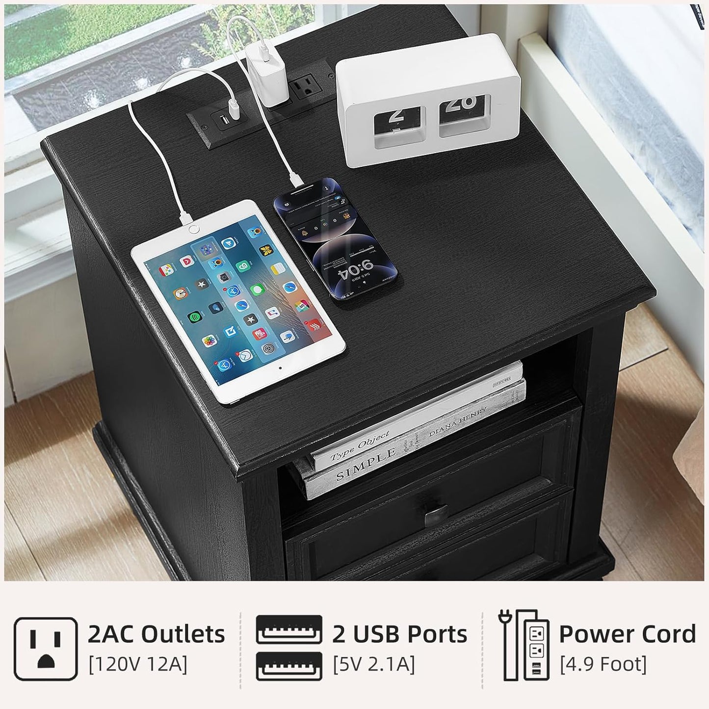 Farmhouse Nightstand Set of 2 with Charging Station, Rustic Black Nightstand,2 Drawers End Table for Living Room,Bedside Table with Open Shelf for Bed Room,Black