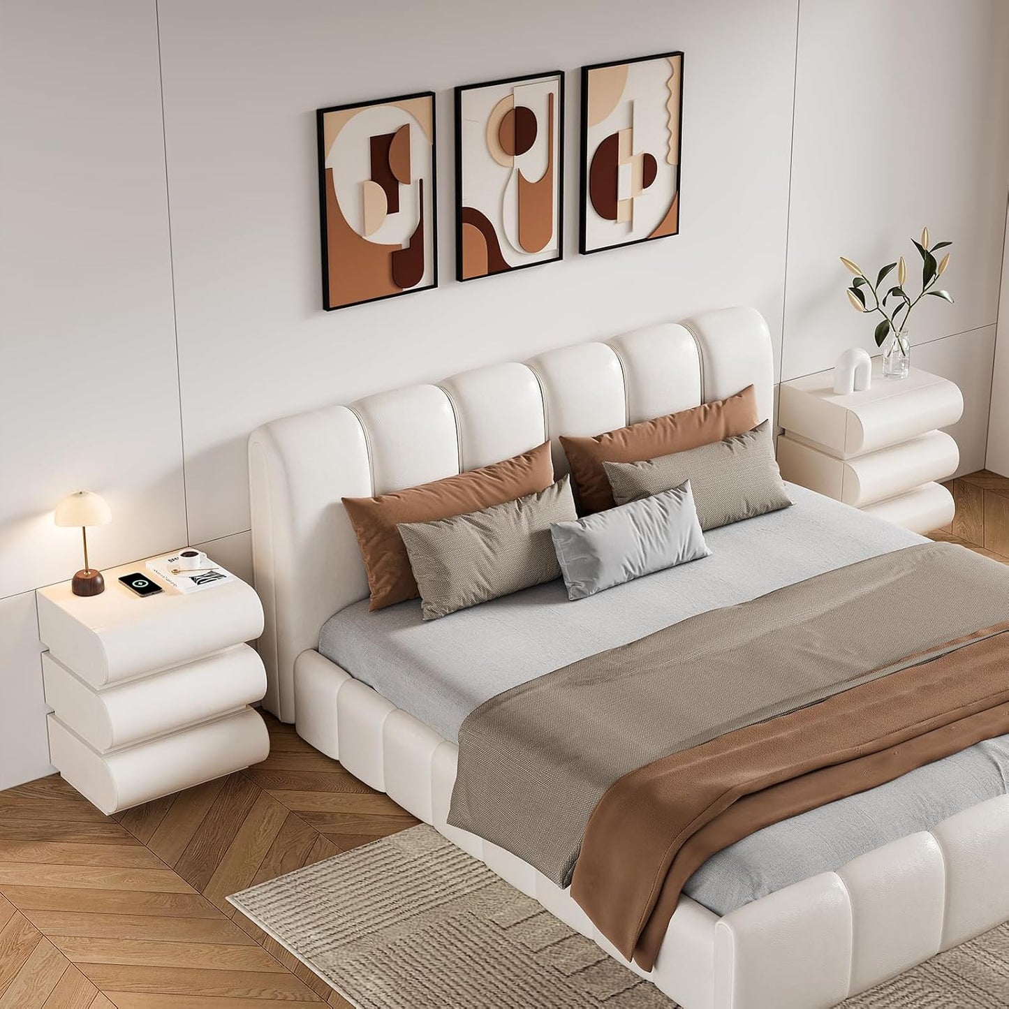 homary White Leather Nightstand with Wireless Charger, Smart Night Stand with Charging Station, Modern Bedside Table with 3 Drawers for Bedrooms Living Rooms Offices