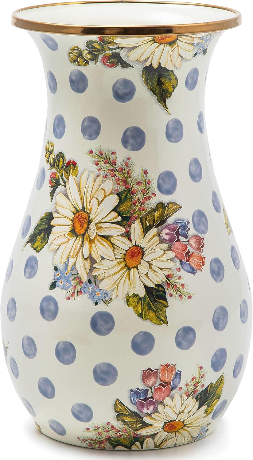 MACKENZIE-CHILDS Tall Enamel Vase, Unique Flower Vase, Decorative Table Decor for Living Room, Black-and-White Courtly Check