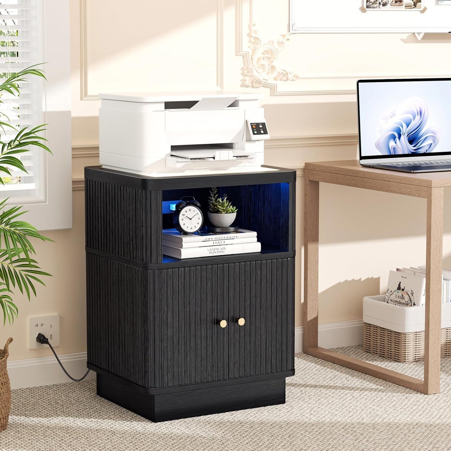 Night Stand with Charger Station, Modern Nightstand Set of 2 with Hidden Drawer, Saddle Leather Top, Smart LED, and Sliding Door Cabinet, for Bedroom, Living Room, Apartment, Dorm, Office, Black