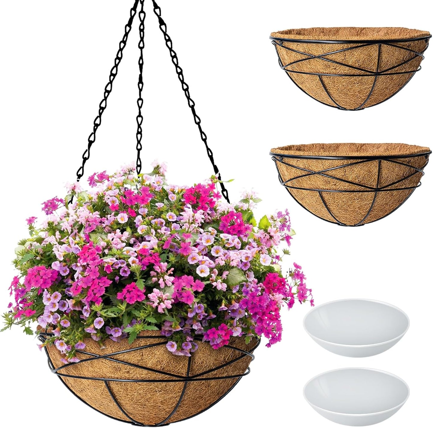Hanging Planters for Outdoor Plants: 4 Pack 16" Hanging Baskets Flower Pots with Coco Liners & Plastic Saucer Extra Large Deep Hanging Plant Holder for Porch Balcony Garden Décor