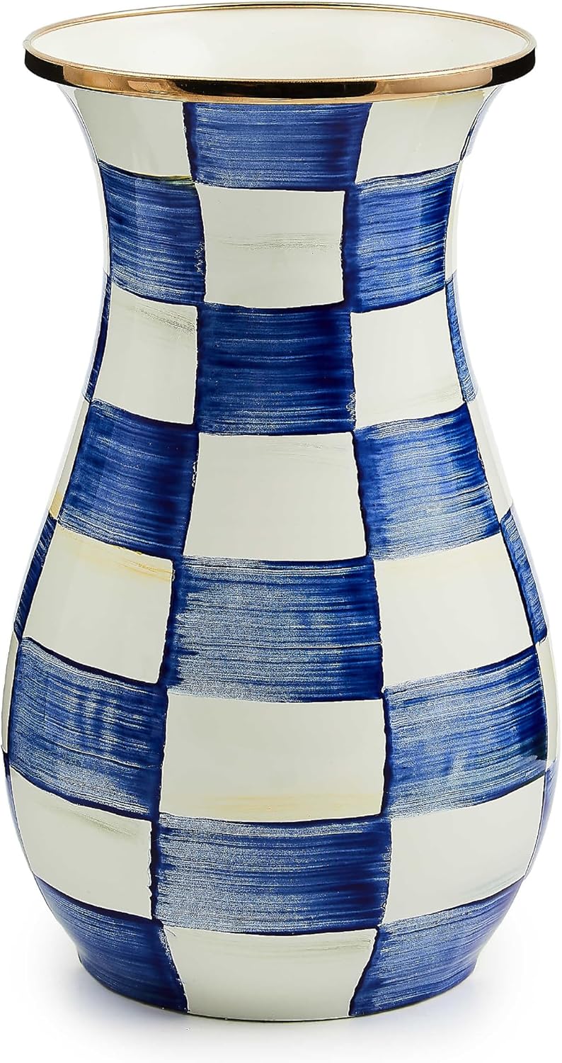 MACKENZIE-CHILDS Tall Enamel Vase, Unique Flower Vase, Decorative Table Decor for Living Room, Black-and-White Courtly Check