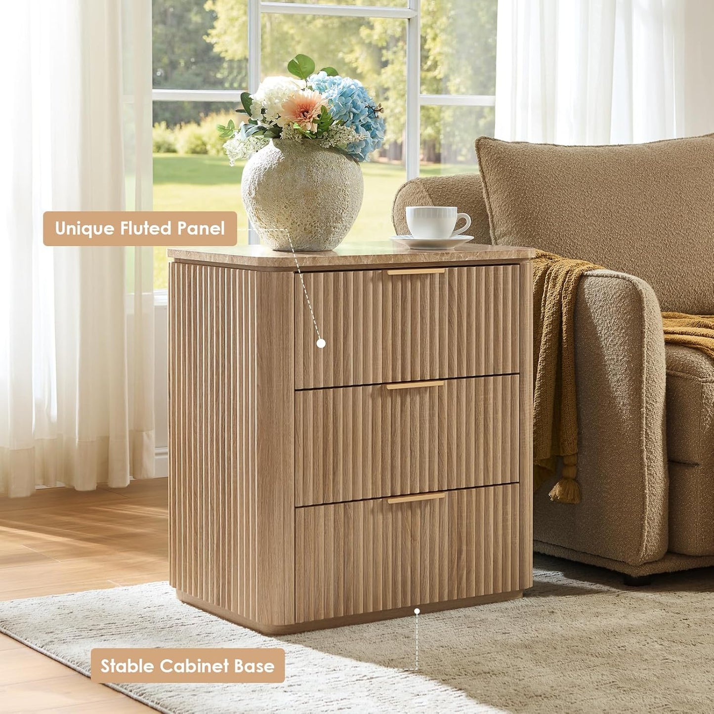 Fluted Nightstand Set of 2, Solid Wood Bedside Table with 3 Drawers, Modern End Table with Faux Marble-Top, Curved Corners, Metal Handle, Large Night Stand for Bedroom, Office, Closet, Natural Oak