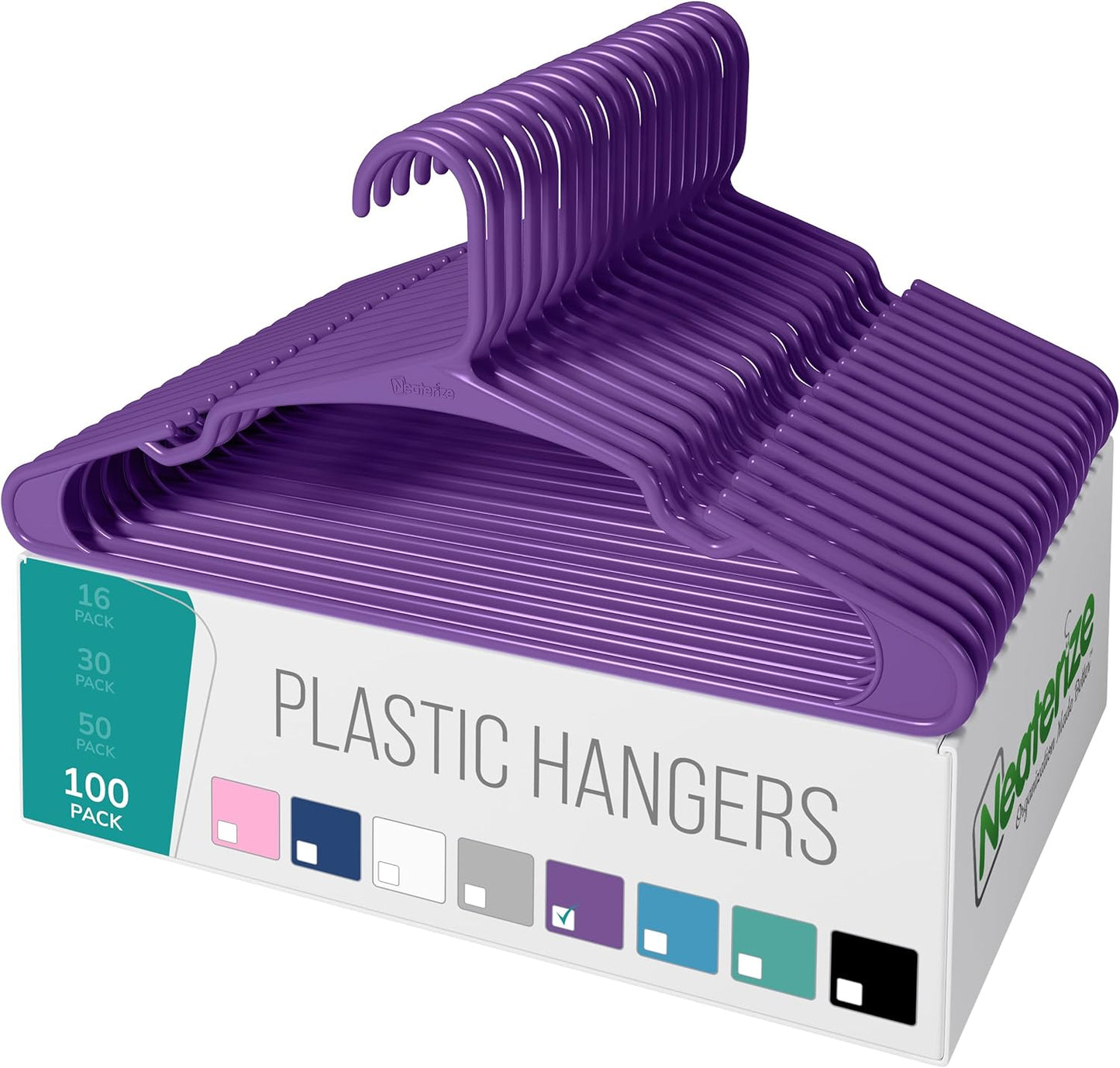 NEATERIZE Clothes Hangers Plastic 100 Pack For Adults - Plastic Hangers, The Perfect Coat Hanger and Space Saving Clothes Hangers for Closet, Percheros Ganchos para Colgar Ropa Hangars - White Hangers