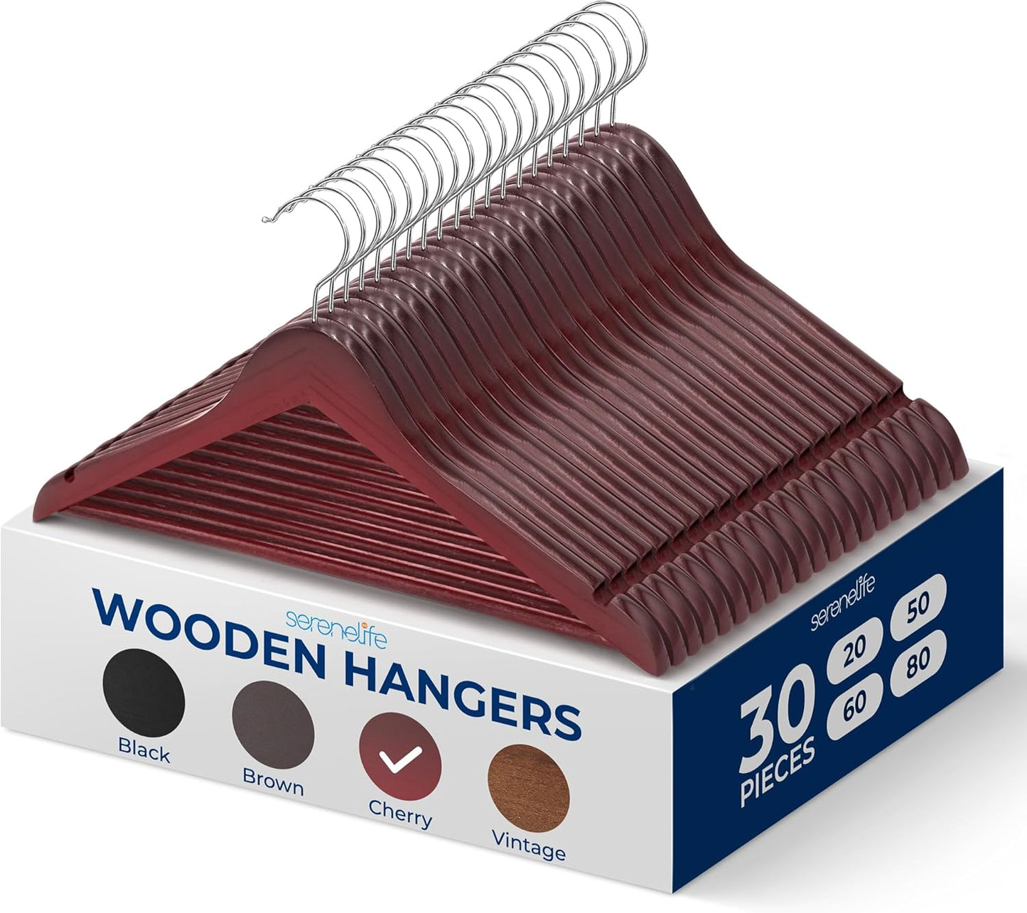 SereneLife 30 Pack Wooden Coat Hangers – Durable Suit Hangers with 360° Swivel Hook & Notches – Slim Design for Shirts, Jackets, Dresses, and More