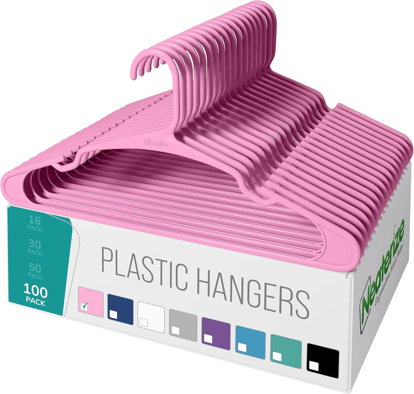 NEATERIZE Clothes Hangers Plastic 100 Pack For Adults - Plastic Hangers, The Perfect Coat Hanger and Space Saving Clothes Hangers for Closet, Percheros Ganchos para Colgar Ropa Hangars - White Hangers