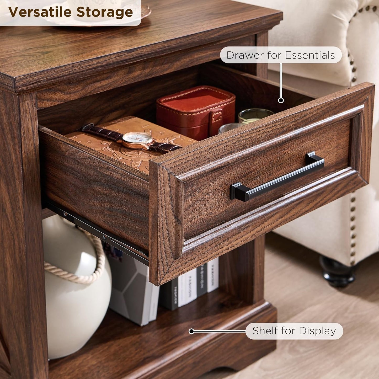 ACCOHOHO 18" Farmhouse Nightstand Set of 2 with Charging Station, Bedside Table with Drawer and Open Storage Shelf, Rustic End Table for Bedroom - Brown