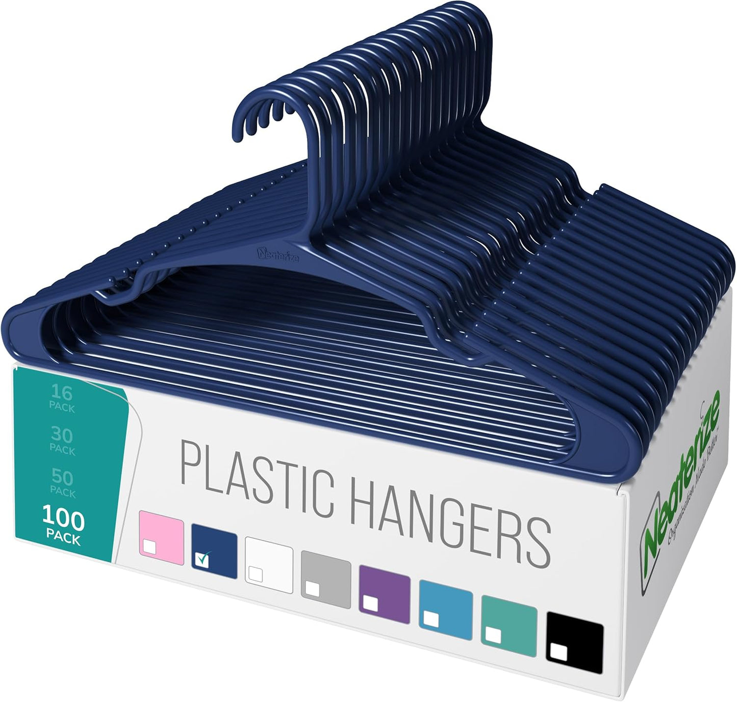 NEATERIZE Clothes Hangers Plastic 100 Pack For Adults - Plastic Hangers, The Perfect Coat Hanger and Space Saving Clothes Hangers for Closet, Percheros Ganchos para Colgar Ropa Hangars - White Hangers