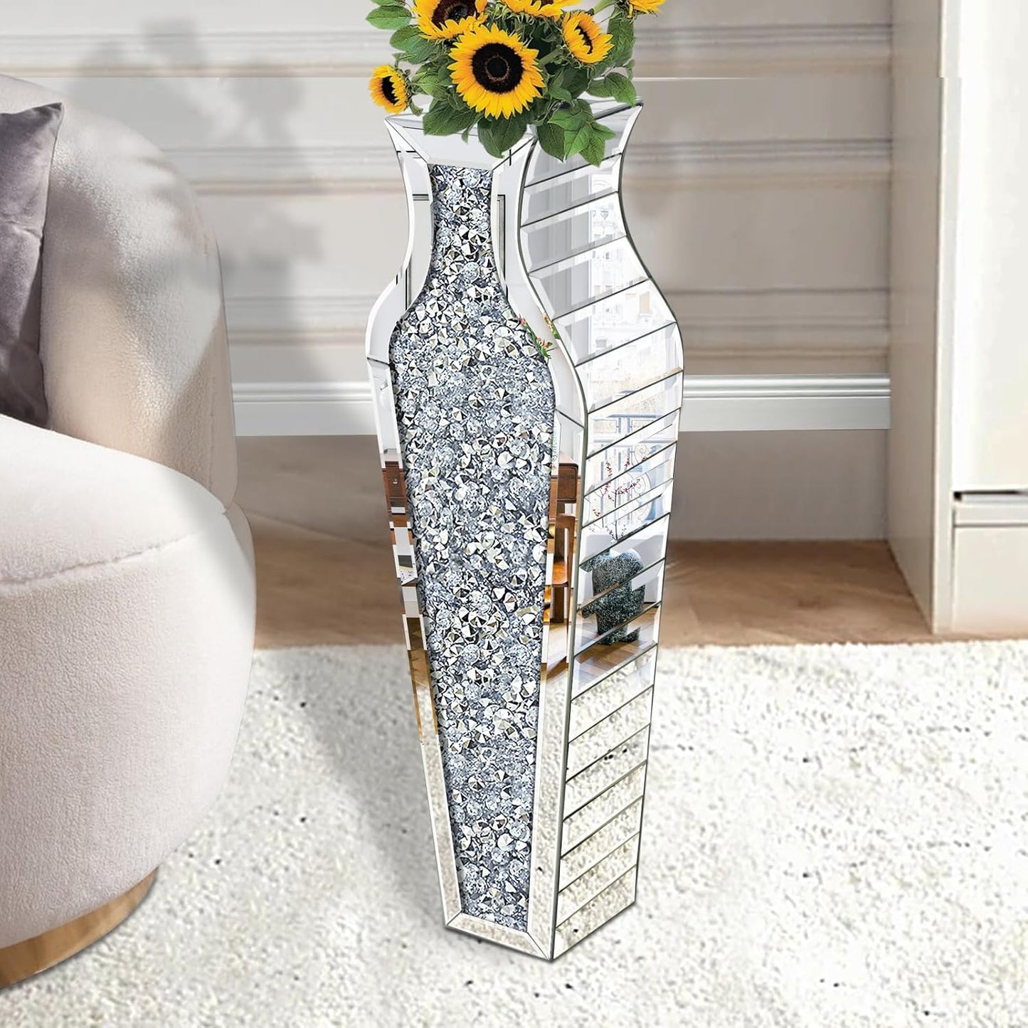 27" Tall Crushed Diamond Floor Vase, Silver Large Vases for Decor Living Room, Crystal Mirrored Home Decor Vases for Dried Flower