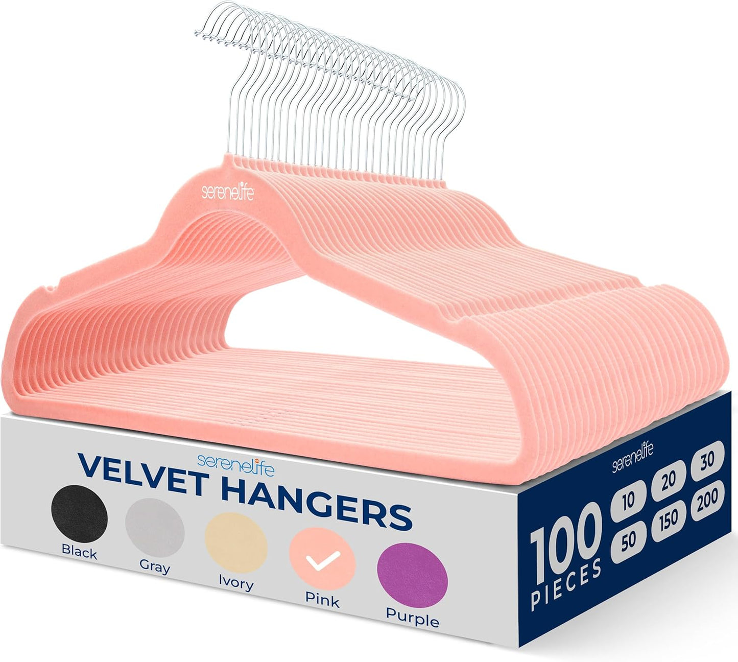 SereneLife Velvet Hangers 100 Pack Black – Slim Non-Slip Clothes Hangers with Chrome 360° Swivel Hook, Durable 10 lbs Capacity, Ultra-Thin Space Saving Hangers for Closet Organization