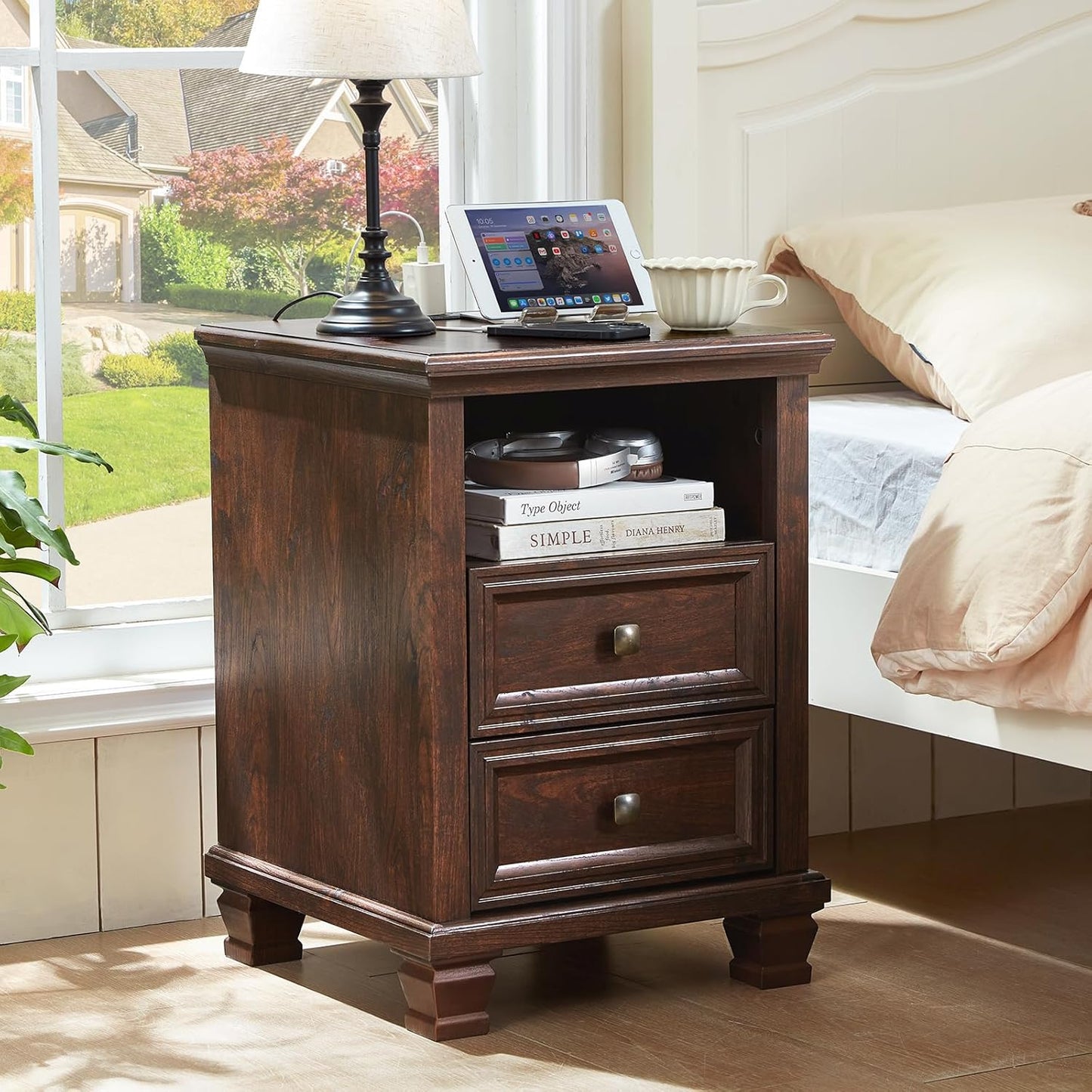 Farmhouse Nightstand Set of 2 with Charging Station, Rustic Black Nightstand,2 Drawers End Table for Living Room,Bedside Table with Open Shelf for Bed Room,Black