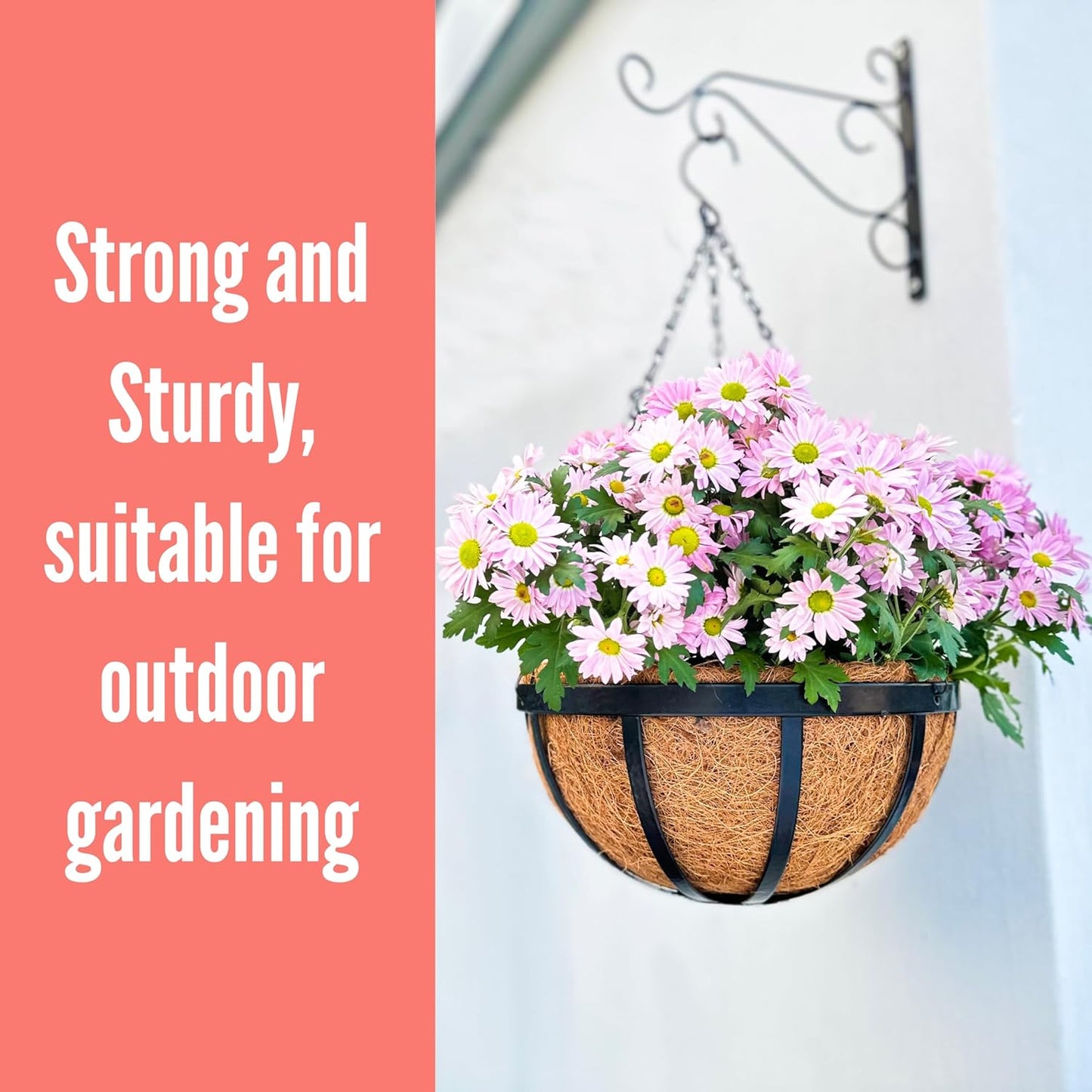 LaLaGreen Outdoor Hanging Baskets for Plants (4 Pack, 20 Inch) Extra Large Black Metal Flat Iron Hanging Planter with Coco Liner Round Flower Pot Holder Deck Porch Modern Garden Balcony Rustic Decor