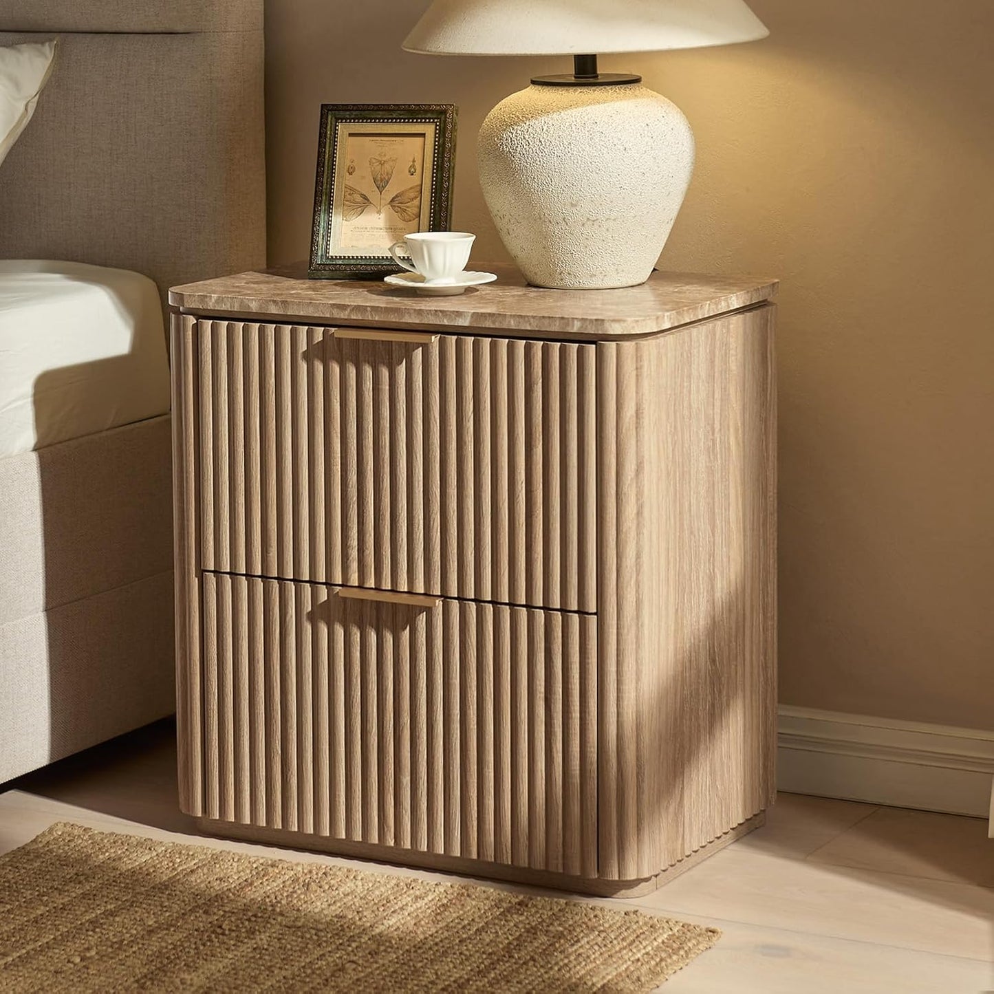 Fluted Nightstand Set of 2, Solid Wood Bedside Table with 3 Drawers, Modern End Table with Faux Marble-Top, Curved Corners, Metal Handle, Large Night Stand for Bedroom, Office, Closet, Natural Oak