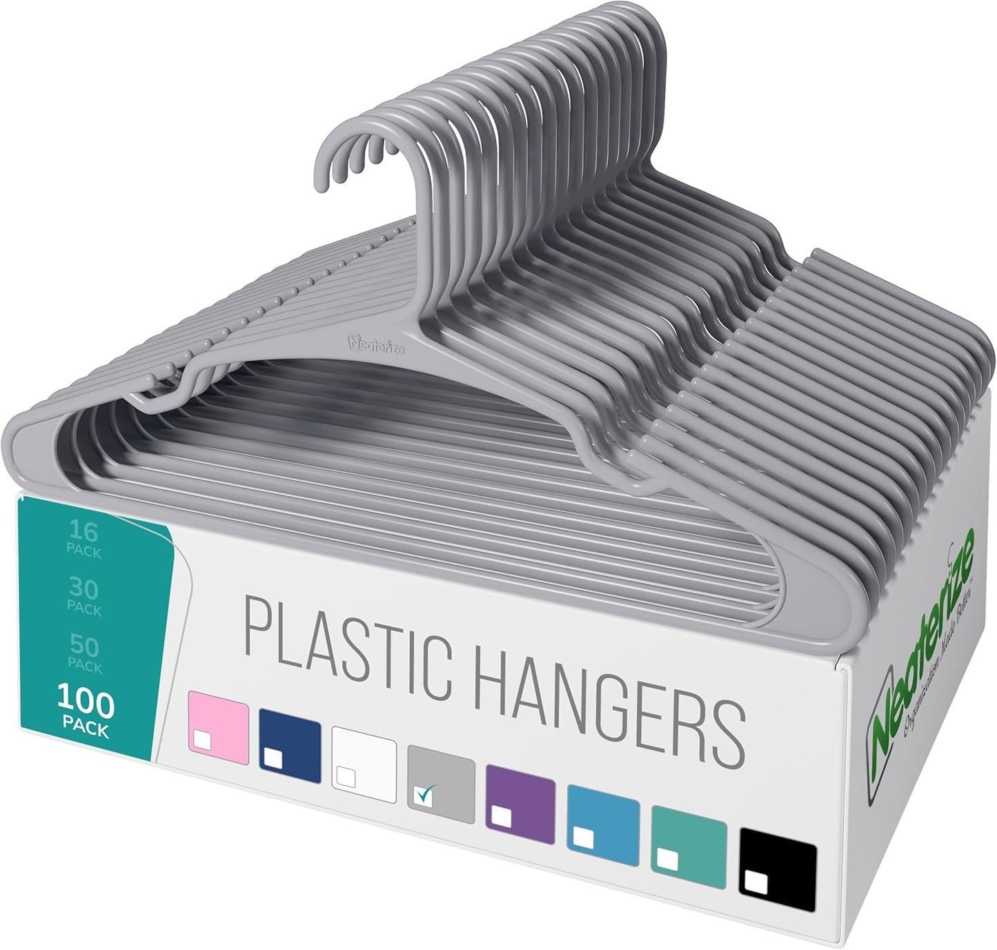 NEATERIZE Clothes Hangers Plastic 100 Pack For Adults - Plastic Hangers, The Perfect Coat Hanger and Space Saving Clothes Hangers for Closet, Percheros Ganchos para Colgar Ropa Hangars - White Hangers