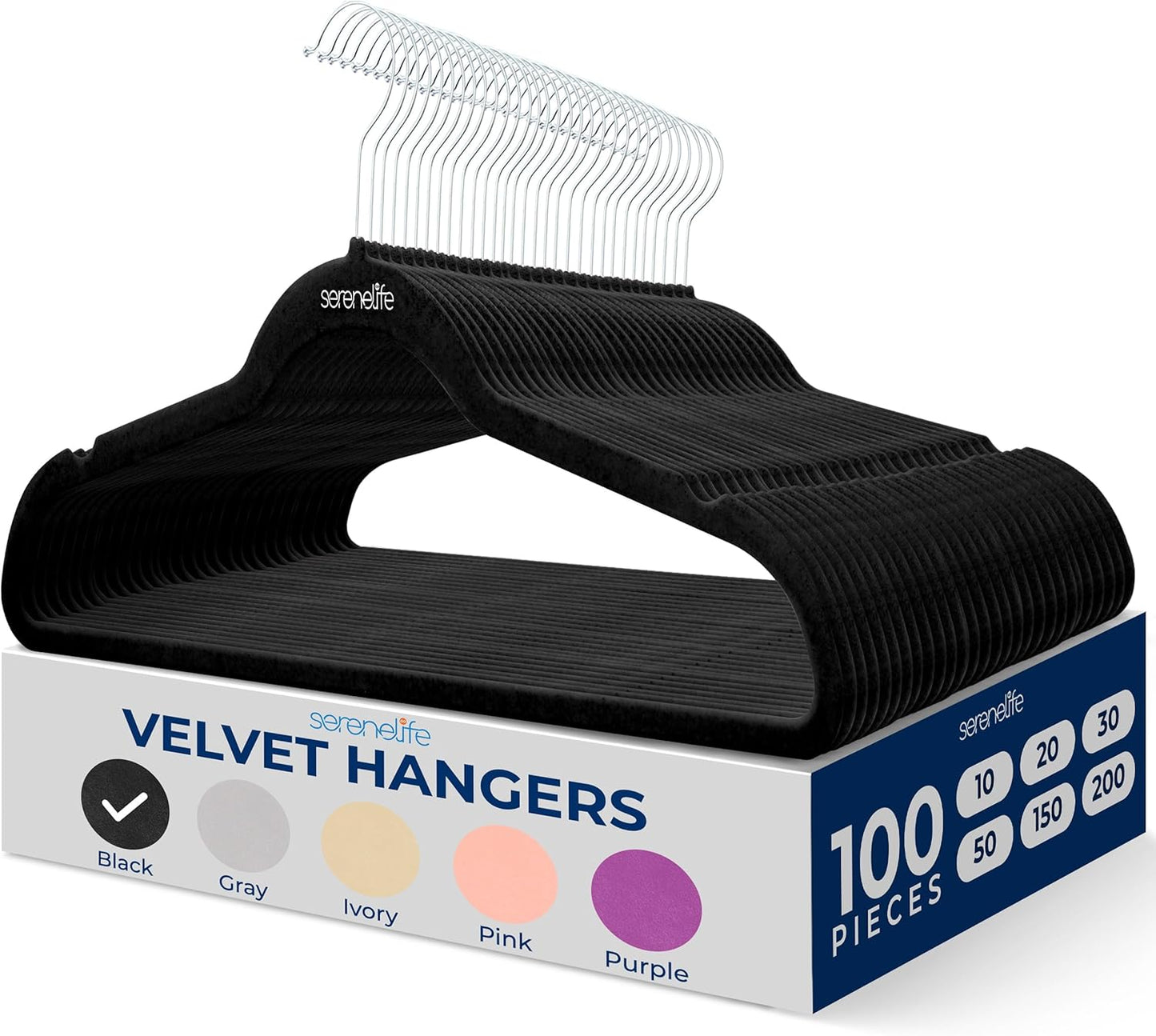SereneLife Velvet Hangers 100 Pack Black – Slim Non-Slip Clothes Hangers with Chrome 360° Swivel Hook, Durable 10 lbs Capacity, Ultra-Thin Space Saving Hangers for Closet Organization