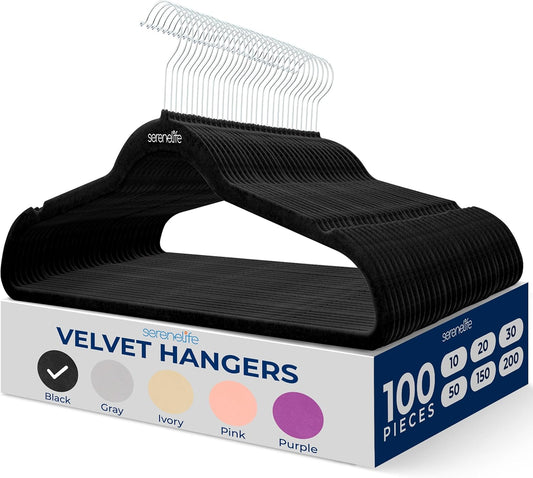 SereneLife Velvet Hangers 100 Pack Black – Slim Non-Slip Clothes Hangers with Chrome 360° Swivel Hook, Durable 10 lbs Capacity, Ultra-Thin Space Saving Hangers for Closet Organization