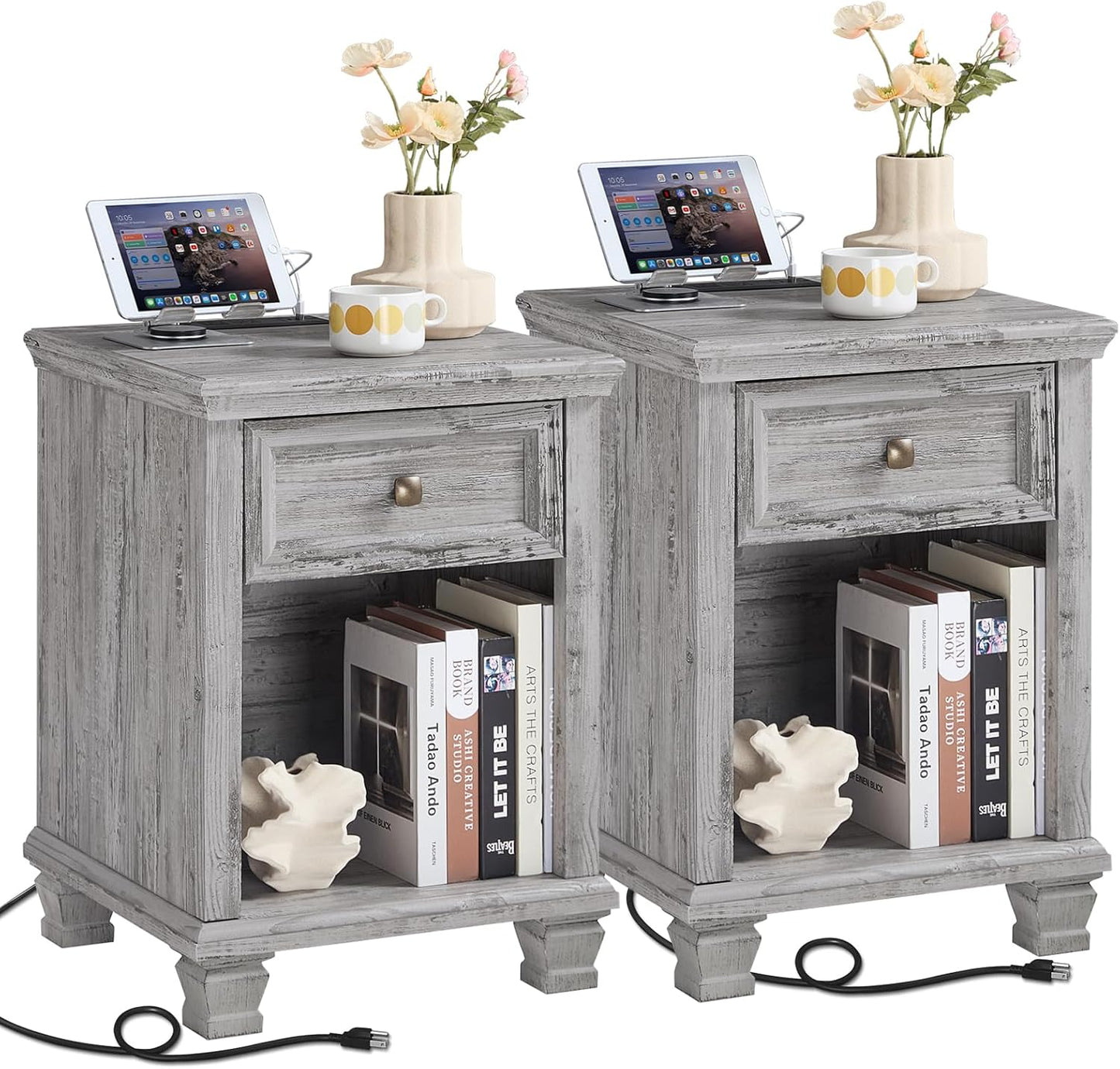 Farmhouse Nightstand Set of 2 with Charging Station, Rustic Black Nightstand,2 Drawers End Table for Living Room,Bedside Table with Open Shelf for Bed Room,Black