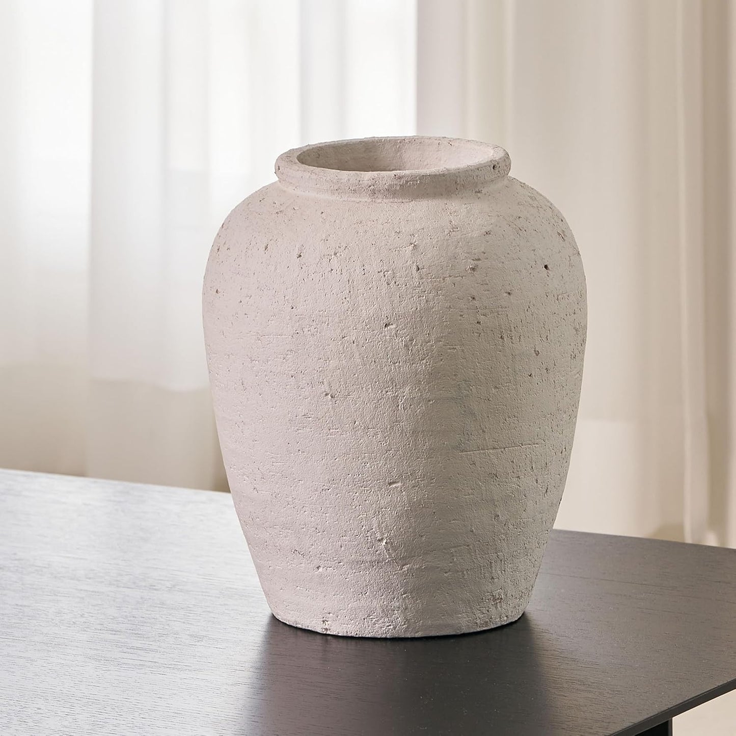 LB2 Large White Ceramic Vase, 11" Tall Zen Style Rustic vase, Terra Cotta Pitcher Vase, Distressed Farmhouse Decor, Pottery Decorative Flower for Home Decor (H 11" X 11")