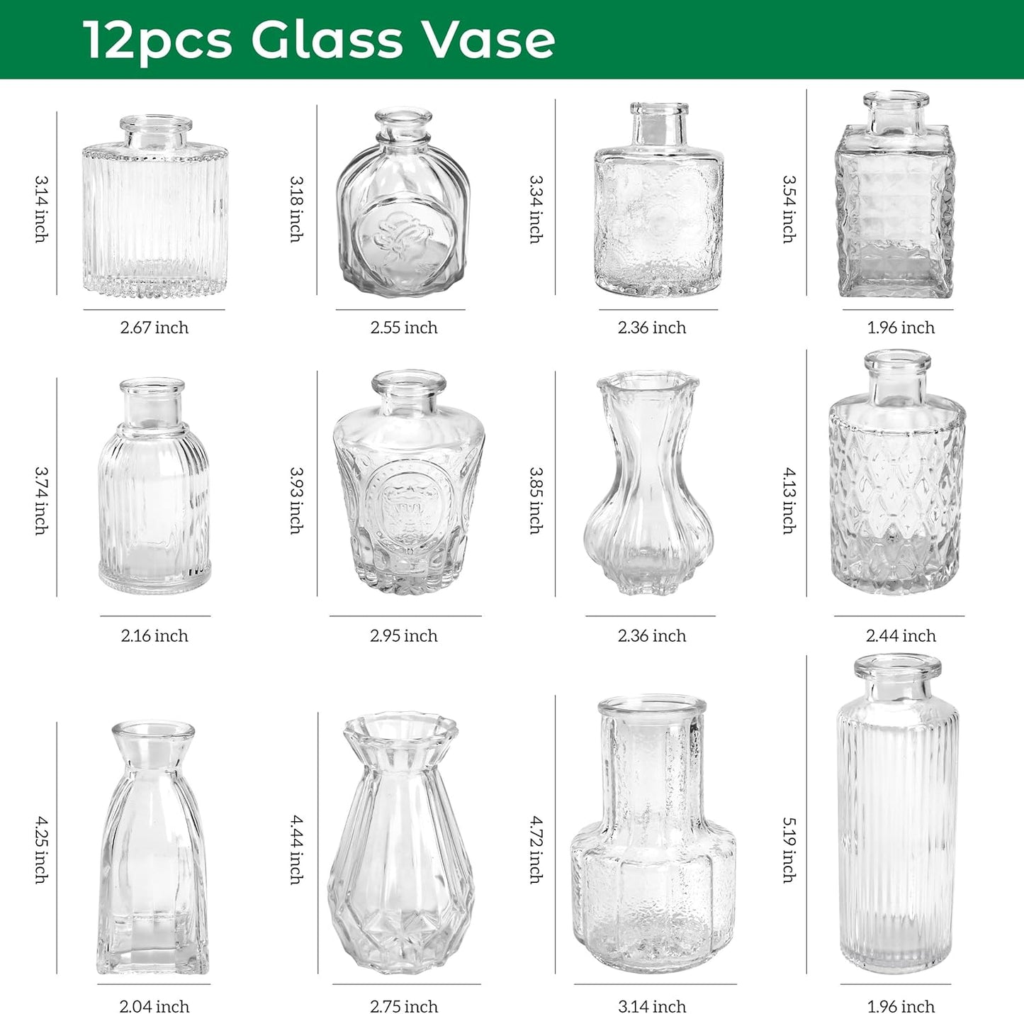 Der Rose Glass Bud Vases Set of 12, Small Bud Vases for Flowers, Rustic Wedding Centerpieces and Home Decor