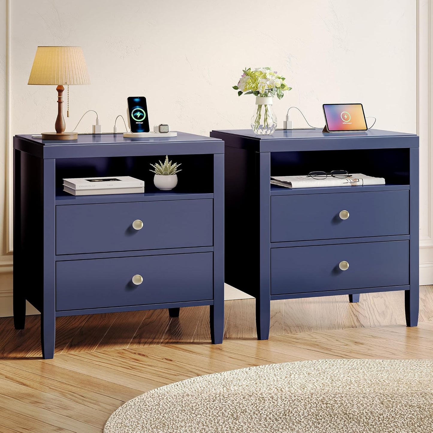 Huuger White Nightstand Set of 2, Night Stand with Charger Station, Bedside Table with 2 Drawers, Bed Side Tables for Bedroom, Modern Nightstands, Metal Knobs, Painted Surface