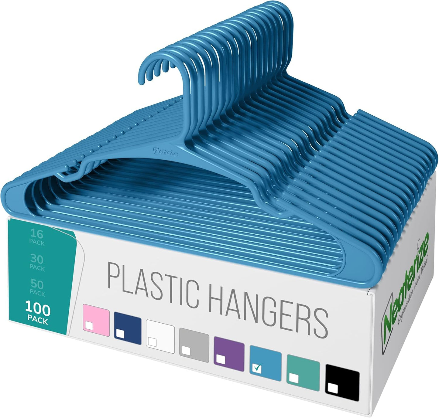 NEATERIZE Clothes Hangers Plastic 100 Pack For Adults - Plastic Hangers, The Perfect Coat Hanger and Space Saving Clothes Hangers for Closet, Percheros Ganchos para Colgar Ropa Hangars - White Hangers